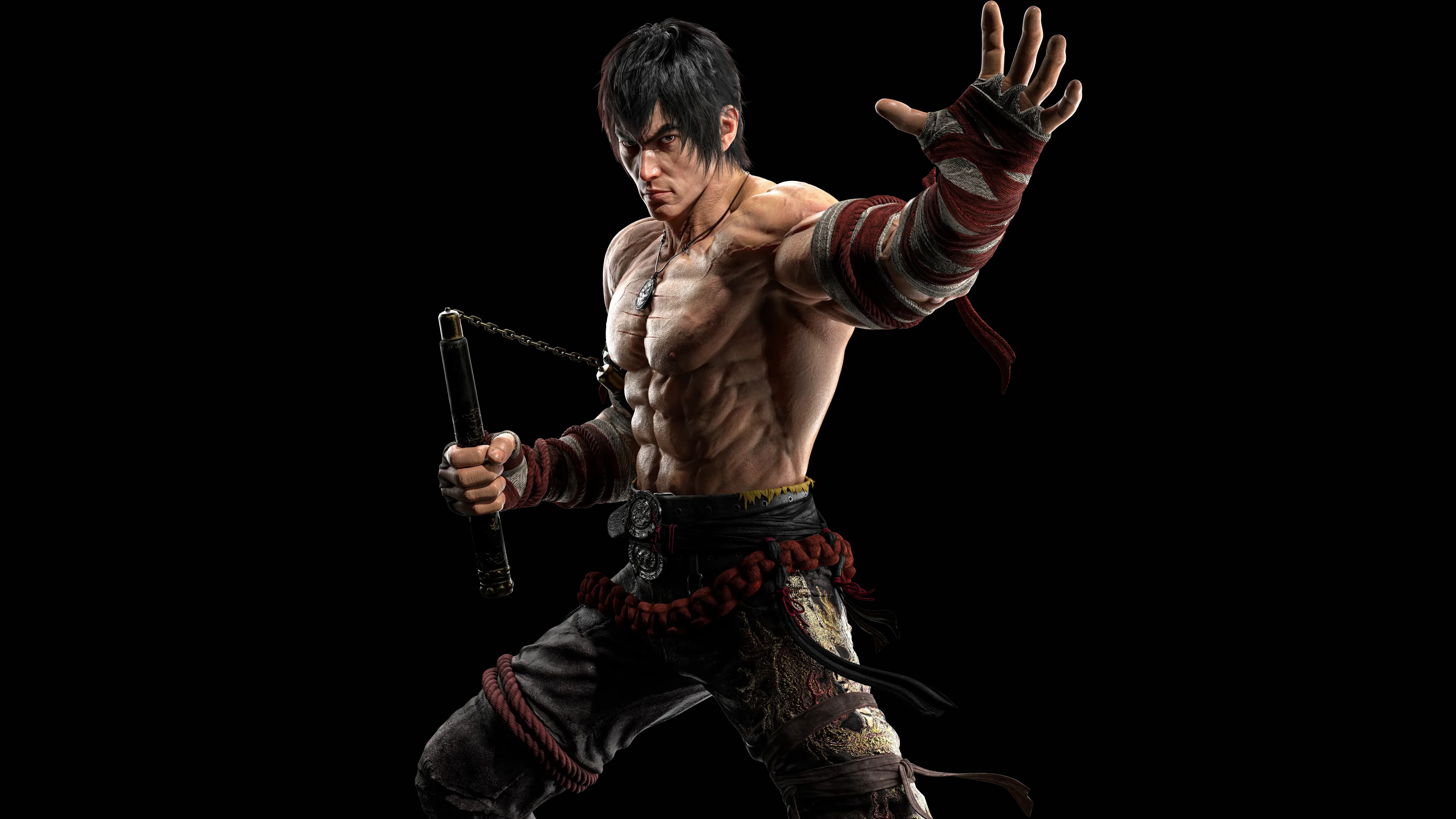 A high-resolution, detailed portrait of Marshall Law from Tekken 8 against a deep black background.