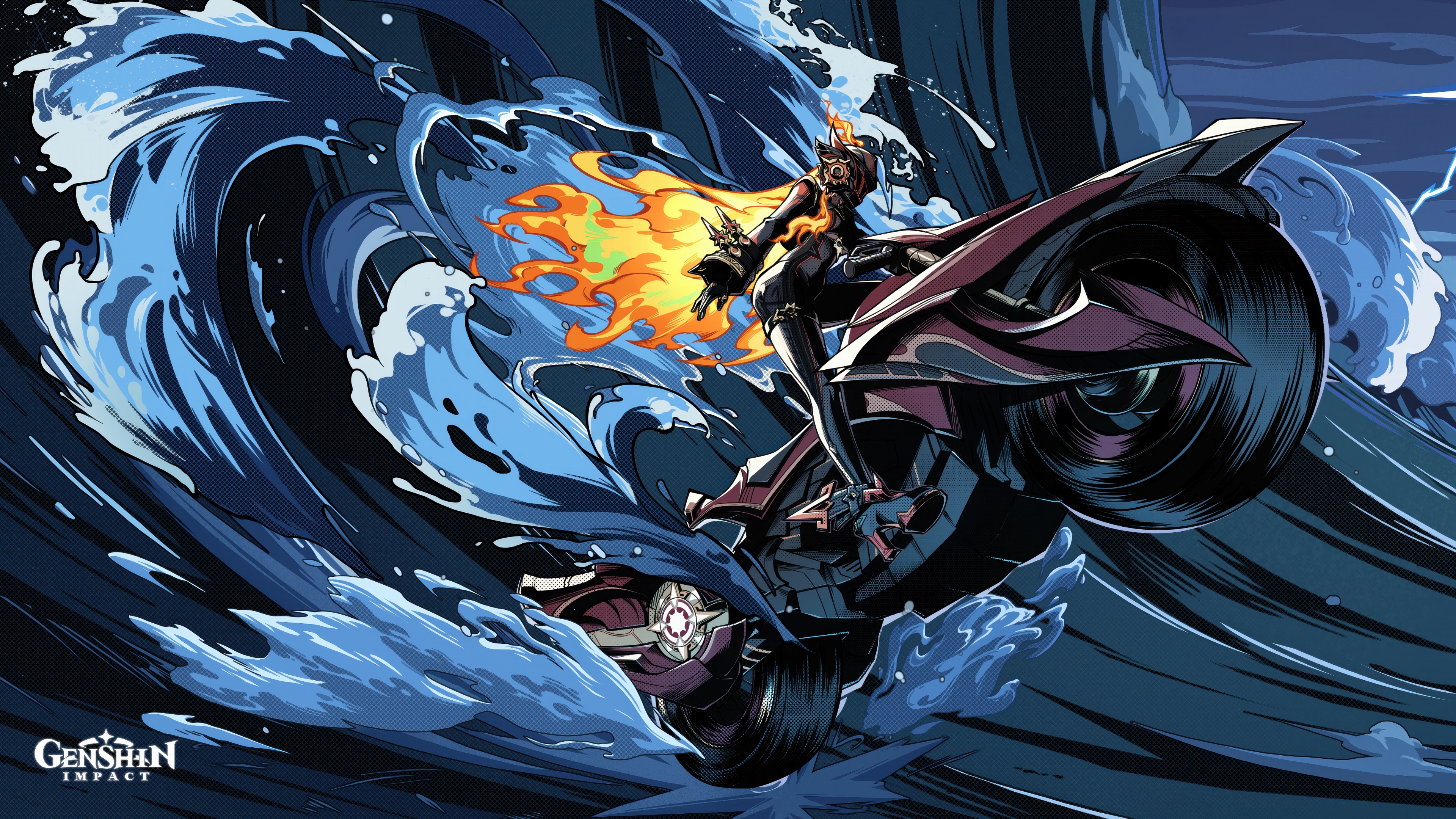 A cinematic and high-detail portrait of Mavuica from Genshin Impact featuring fiery elemental effects and a bold design.
