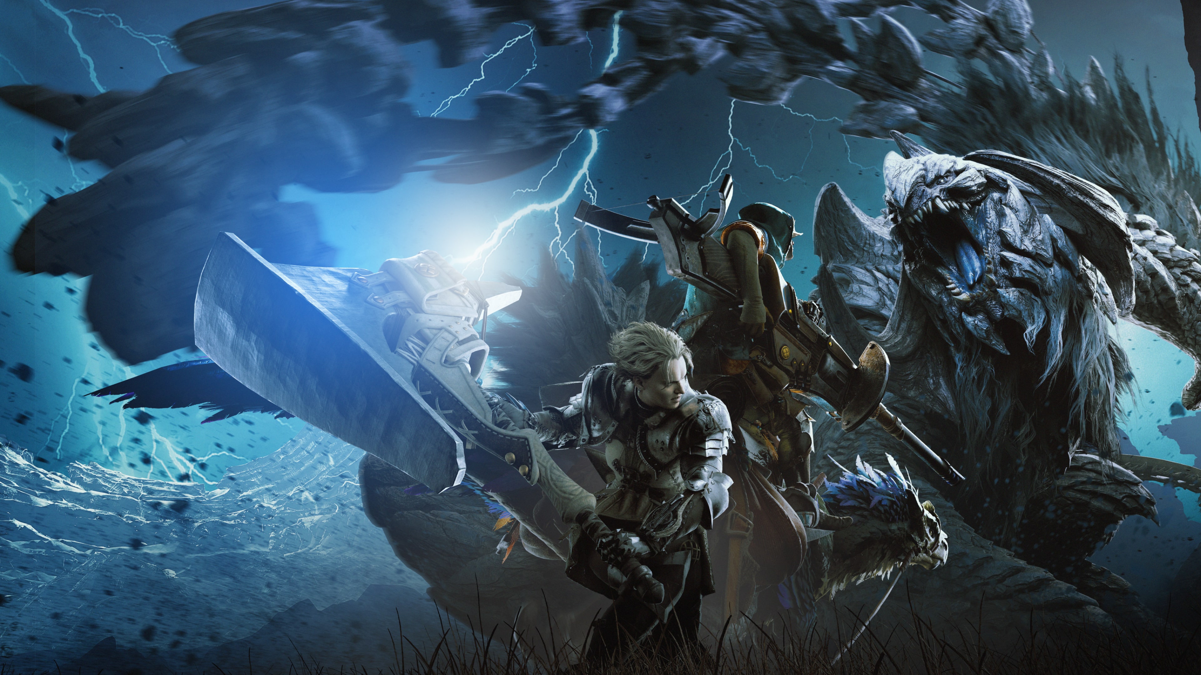A cinematic shot of a hunter in detailed combat gear standing within a vast, wild landscape from Monster Hunter Wilds.