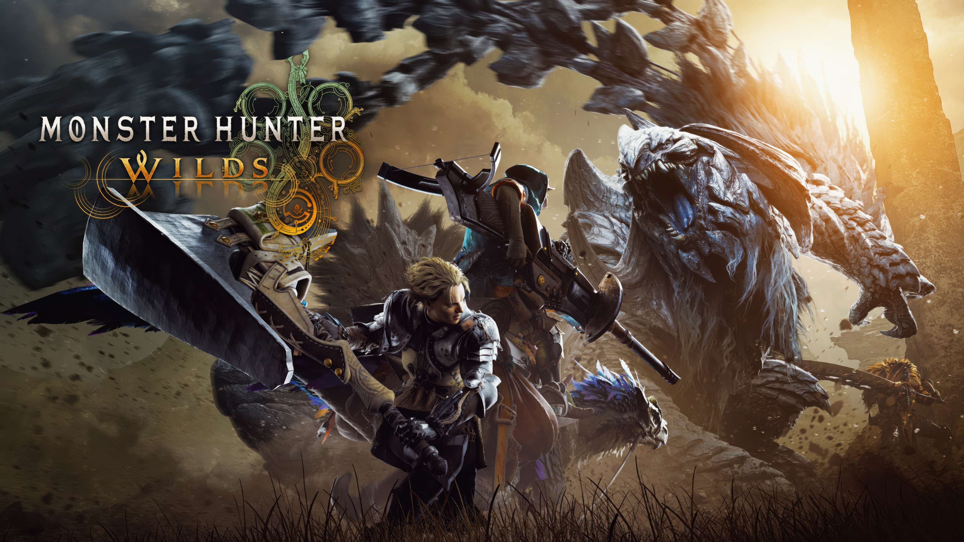 Cinematic key art for Monster Hunter Wilds showcasing a hunter in a dramatic, wild landscape.