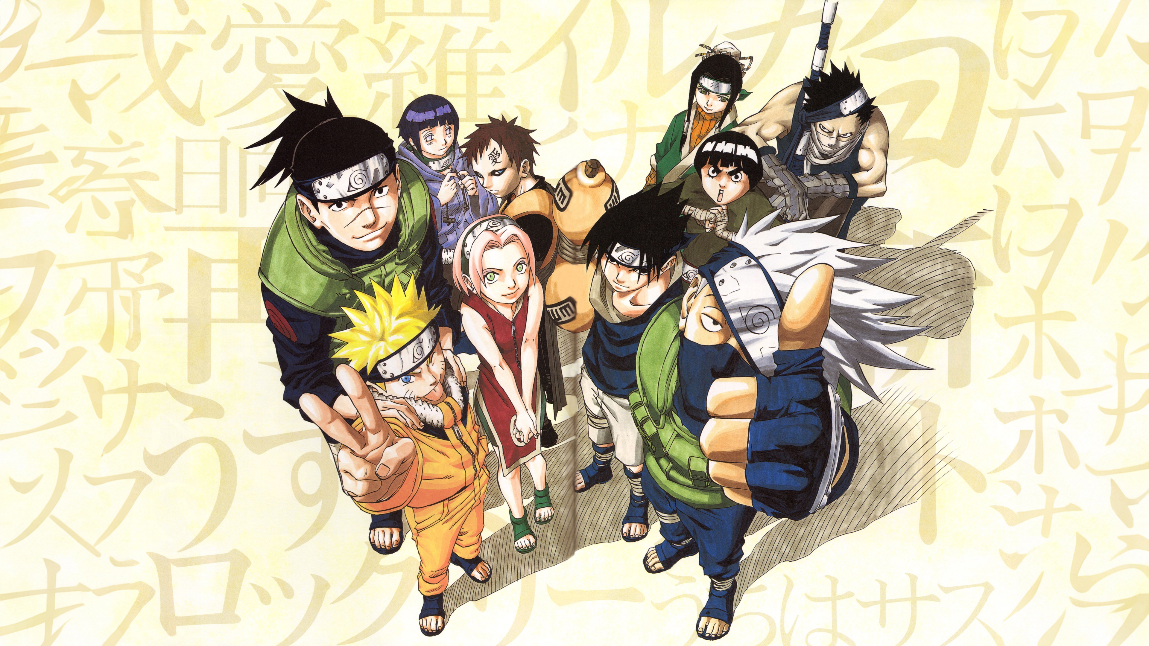Character art compilation of Naruto Uzumaki, Sasuke Uchiha, Hinata Hyuga, Sakura Haruno, Kakashi Hatake, and Itachi Uchiha from the Naruto anime.