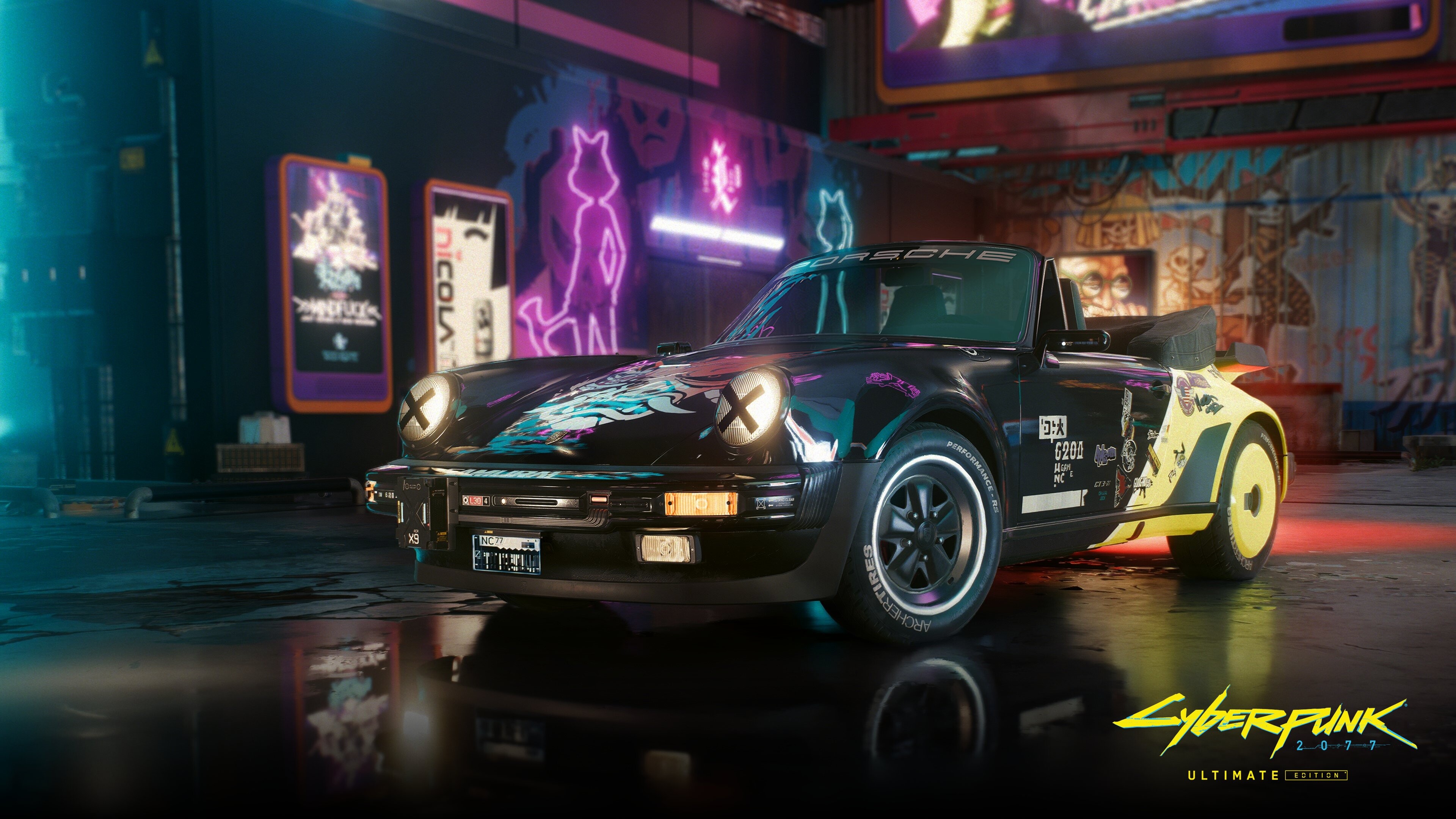 A retro Porsche 911 Turbo Cabriolet parked in a neon-lit cyberpunk street setting.