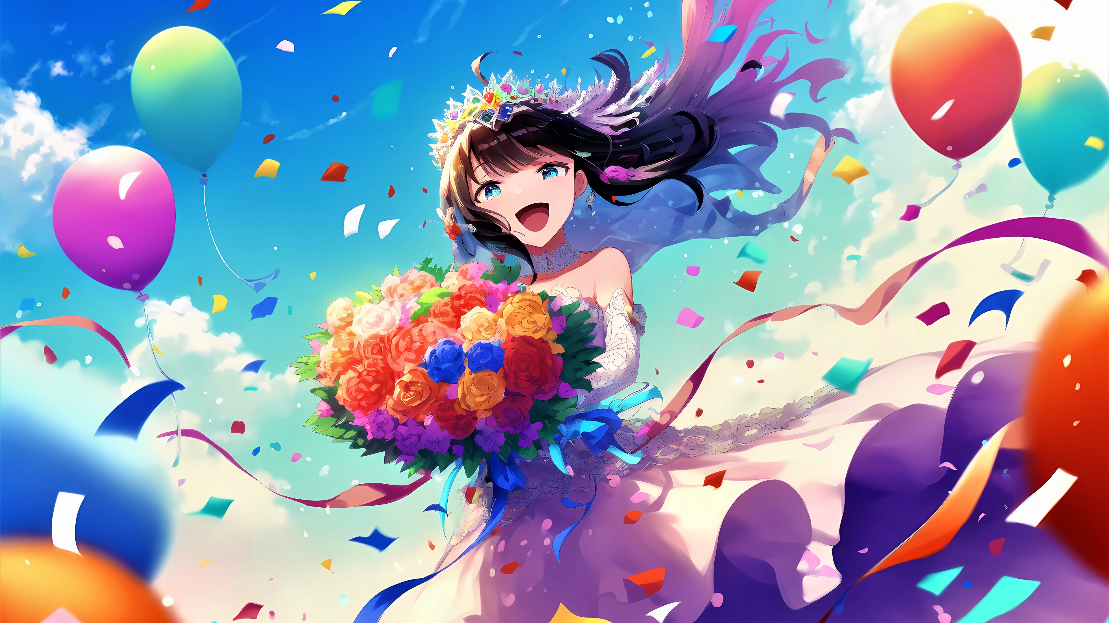 A happy anime girl dressed as a bride holding a colorful flower bouquet with a bright, vibrant background.