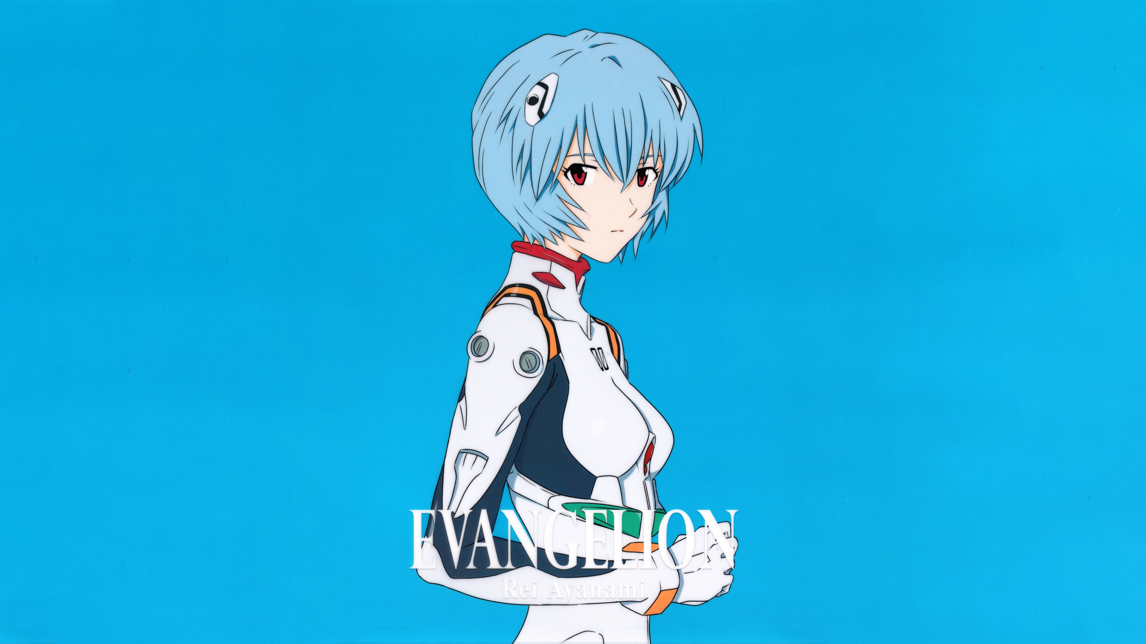 A highly detailed portrait of Rei Ayanami from Neon Genesis Evangelion against a vibrant blue background.