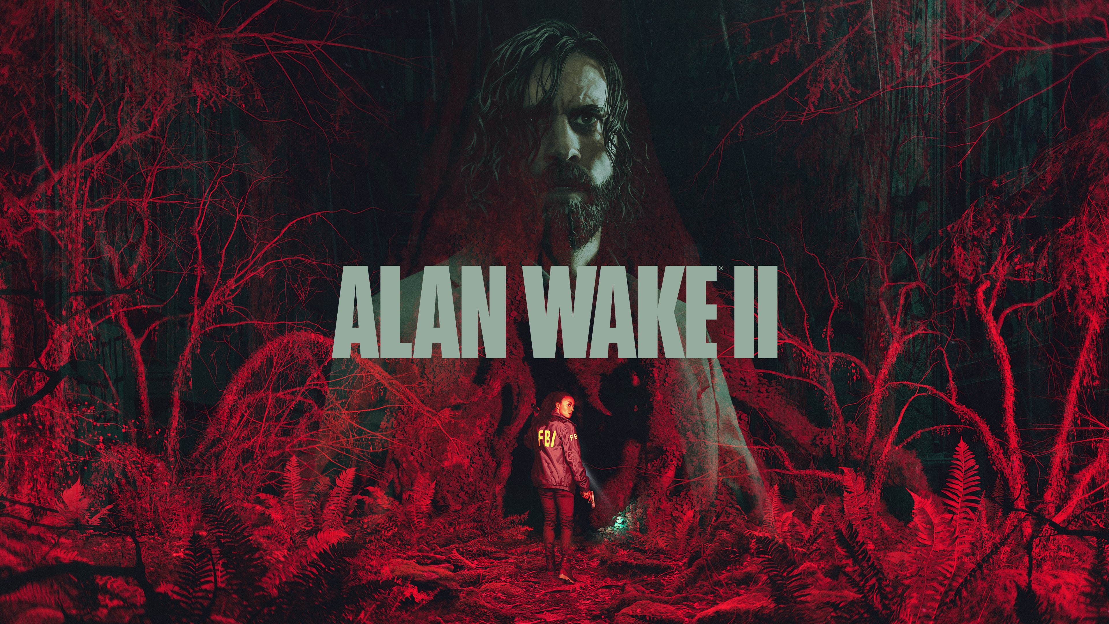 Saga Anderson from the video game Alan Wake 2 in a survival horror atmosphere.