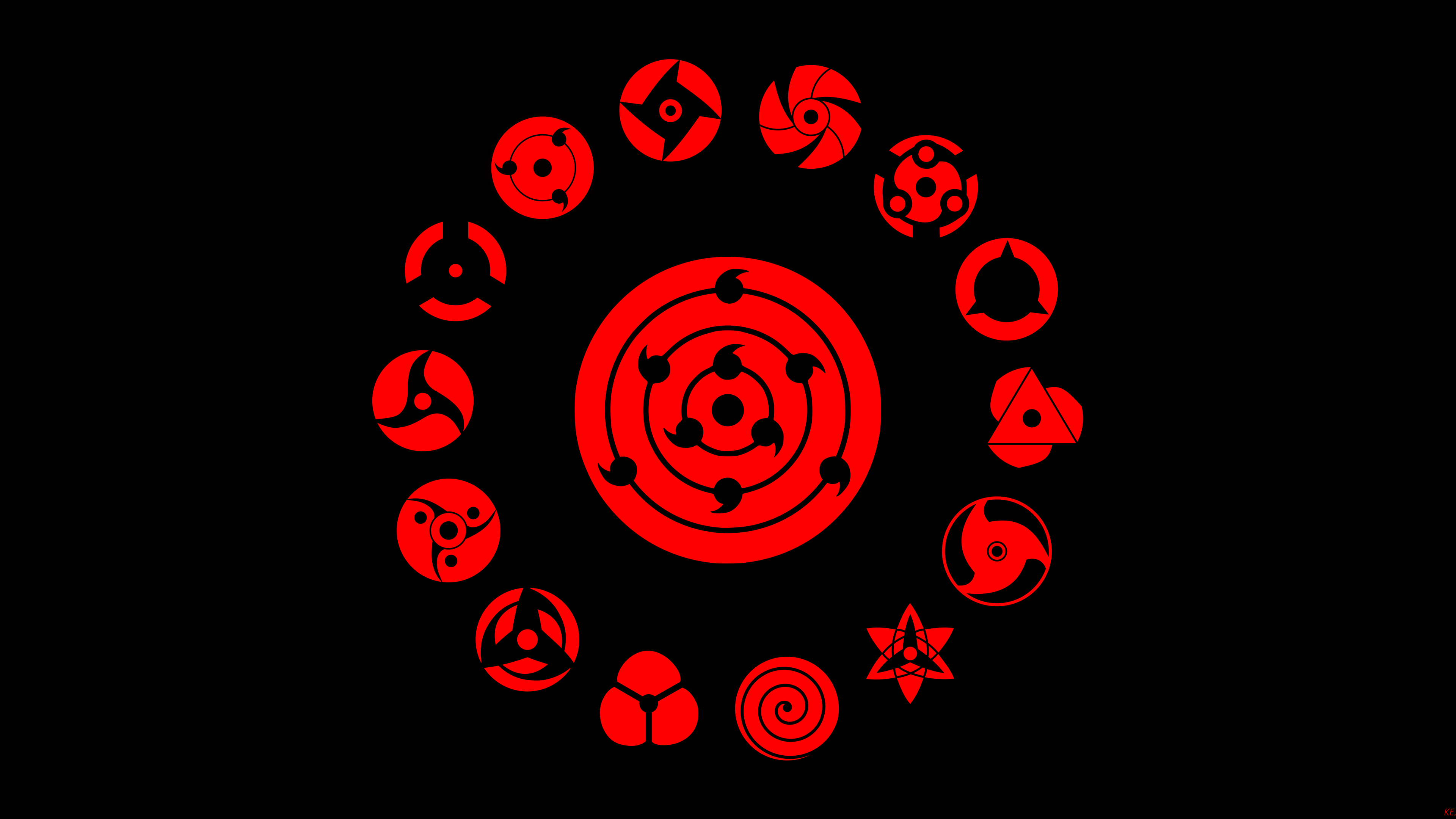 A detailed close-up of the red Sharingan eye with black tomoe patterns from the Naruto anime.