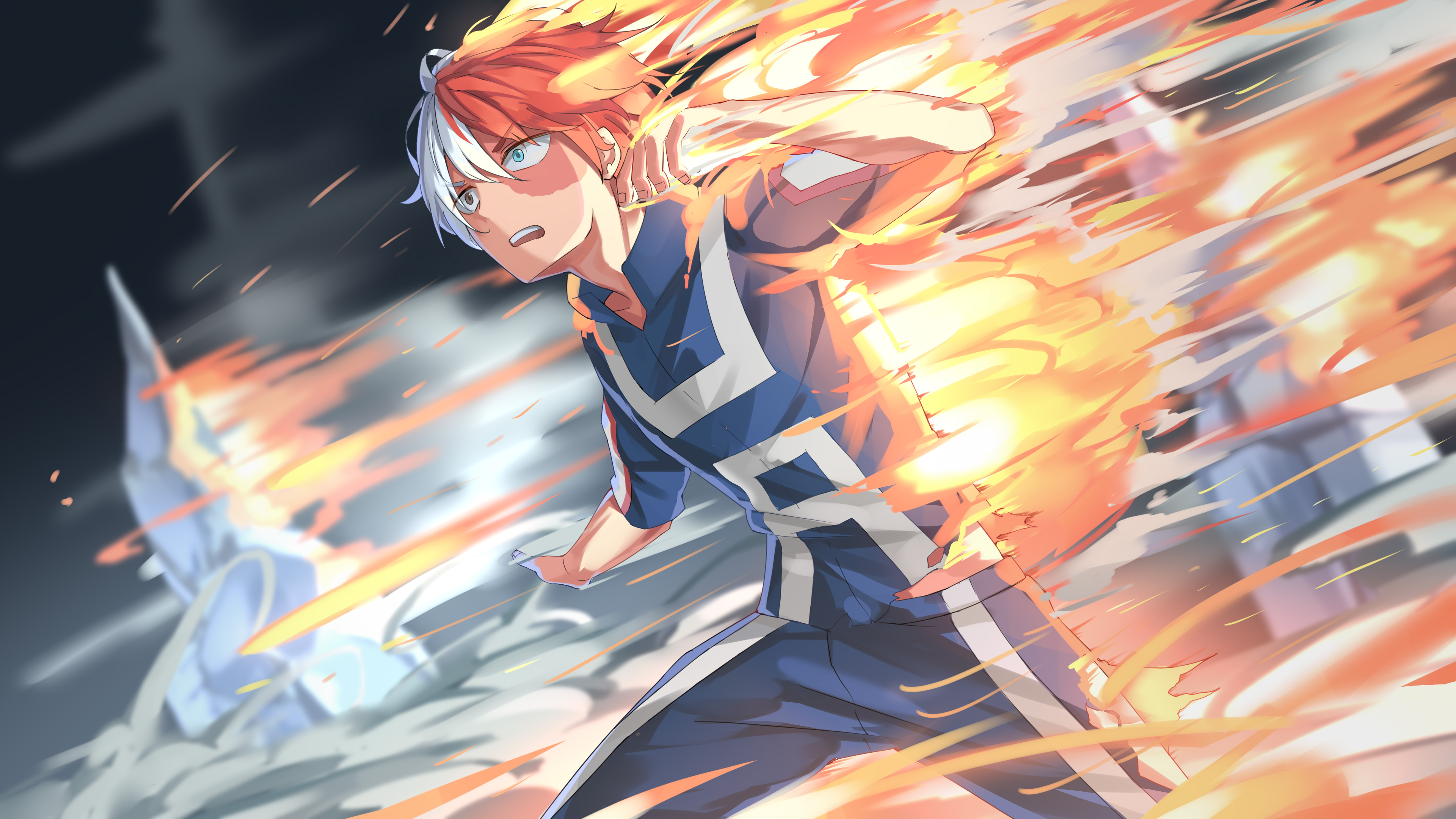 A detailed portrait of Shoto Todoroki from My Hero Academia, emphasizing his unique dual-quirk appearance with ice and fire elements.