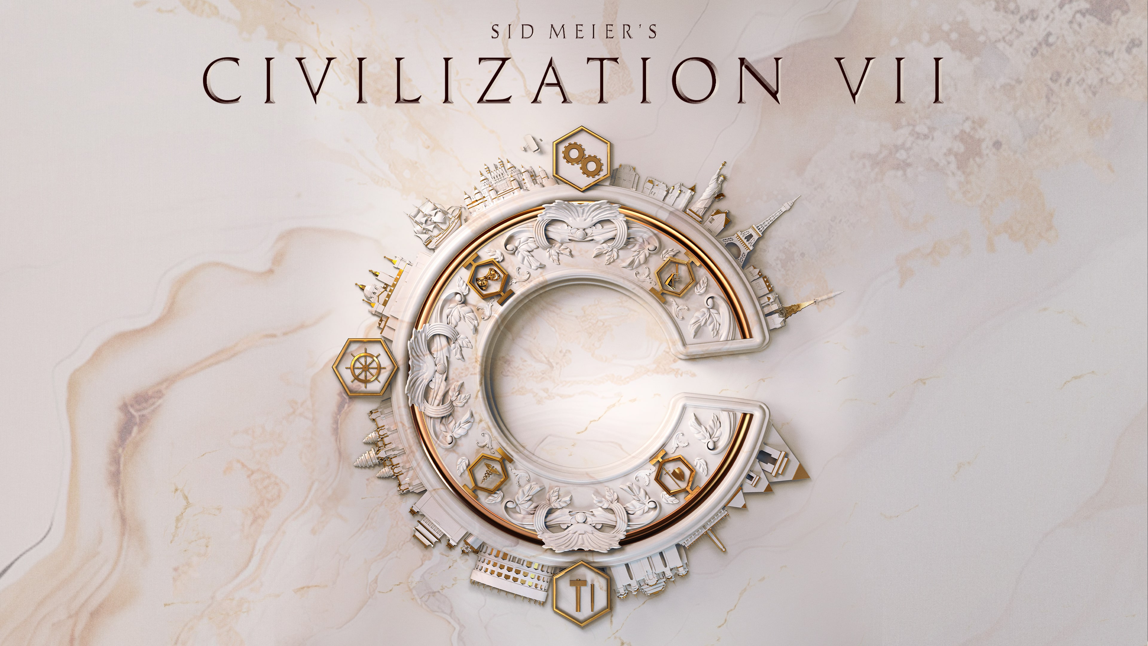 Majestic concept art for Sid Meier's Civilization VII featuring a regal leader overlooking a sprawling, historical civilization.