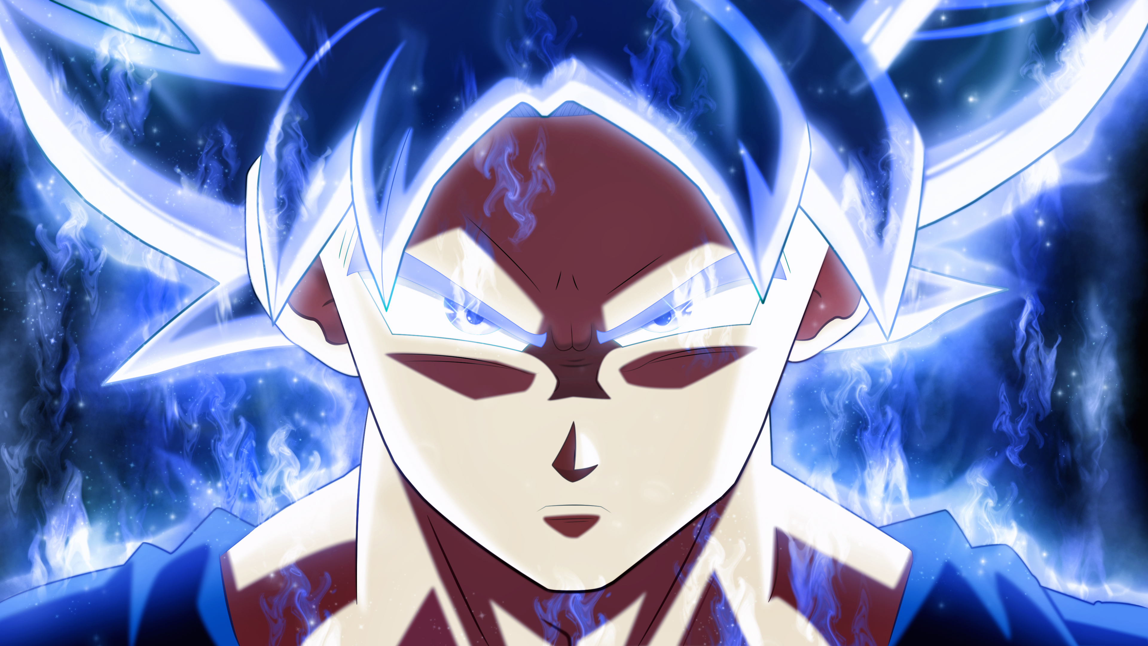 Son Goku enveloped in electric blue lightning and energy from Dragon Ball Super.