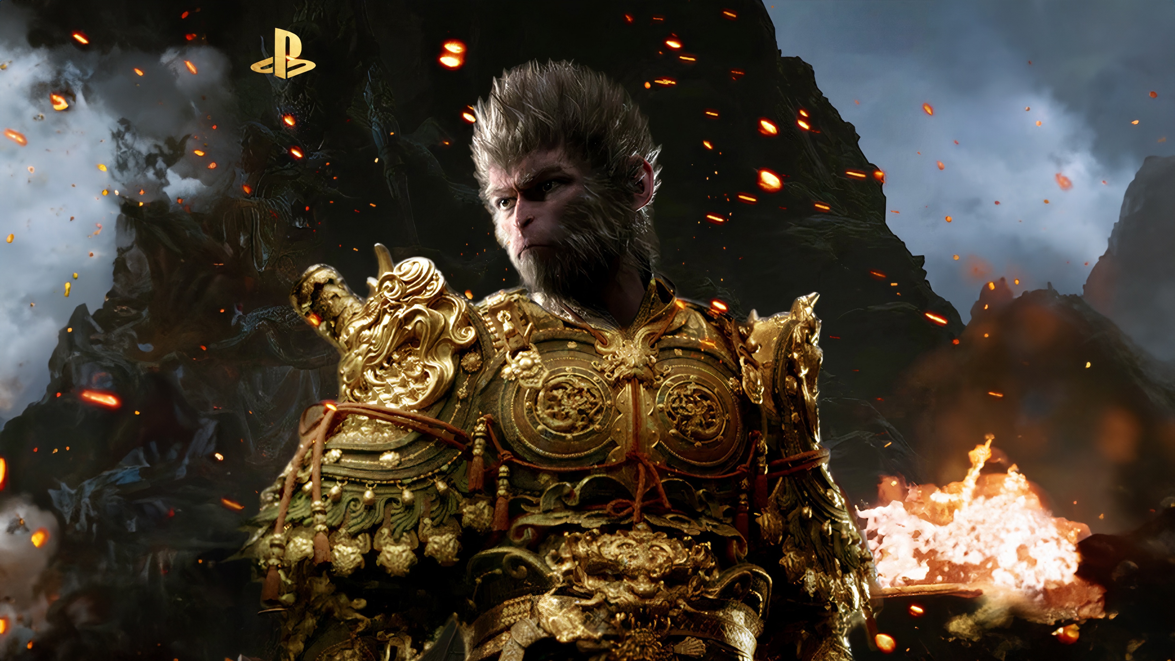 A cinematic, high-detail depiction of Sun Wukong from the game Black Myth: Wukong wearing ornate gold armor.