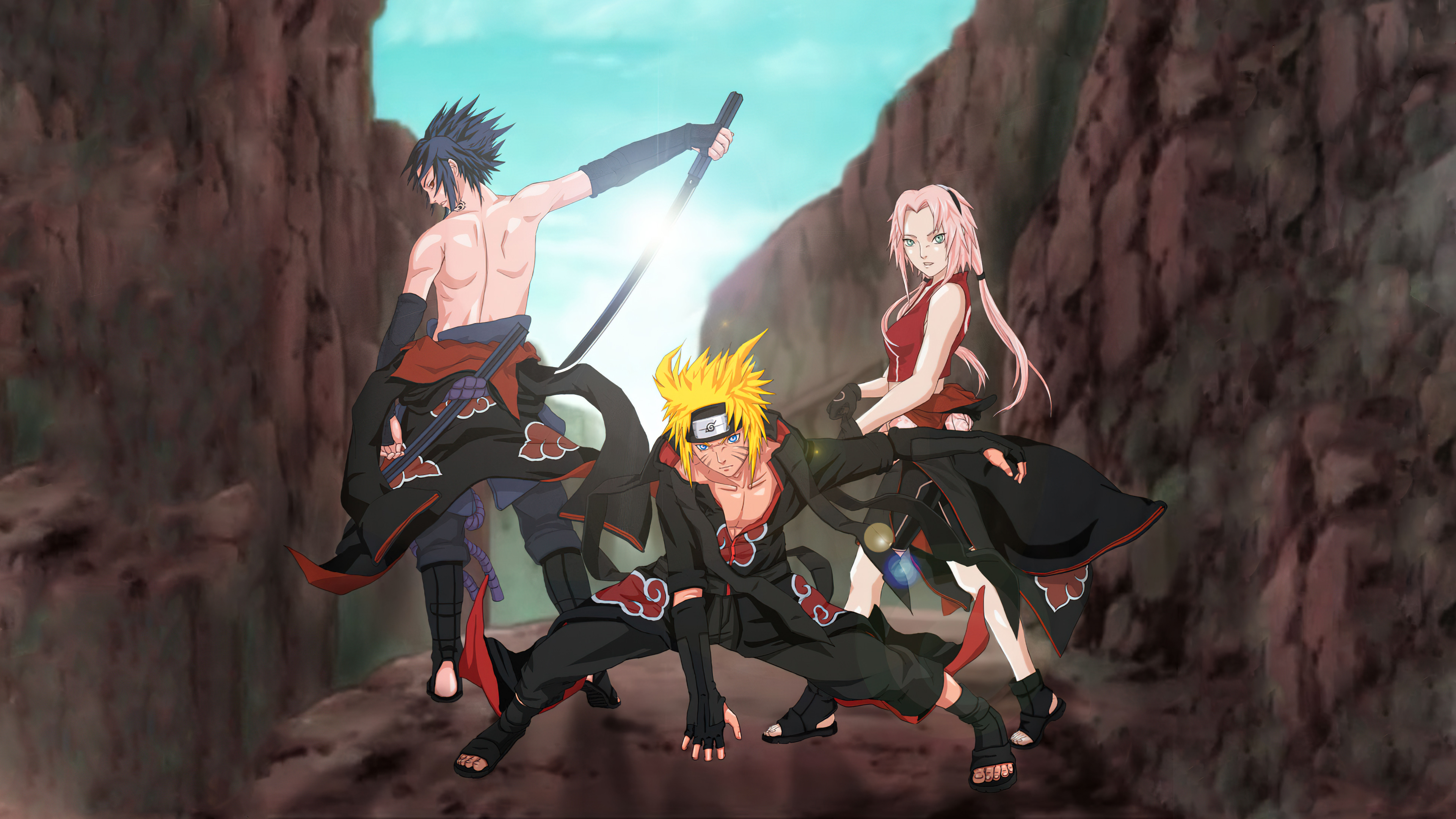 Naruto Uzumaki, Sasuke Uchiha, and Sakura Haruno from the Naruto anime series.