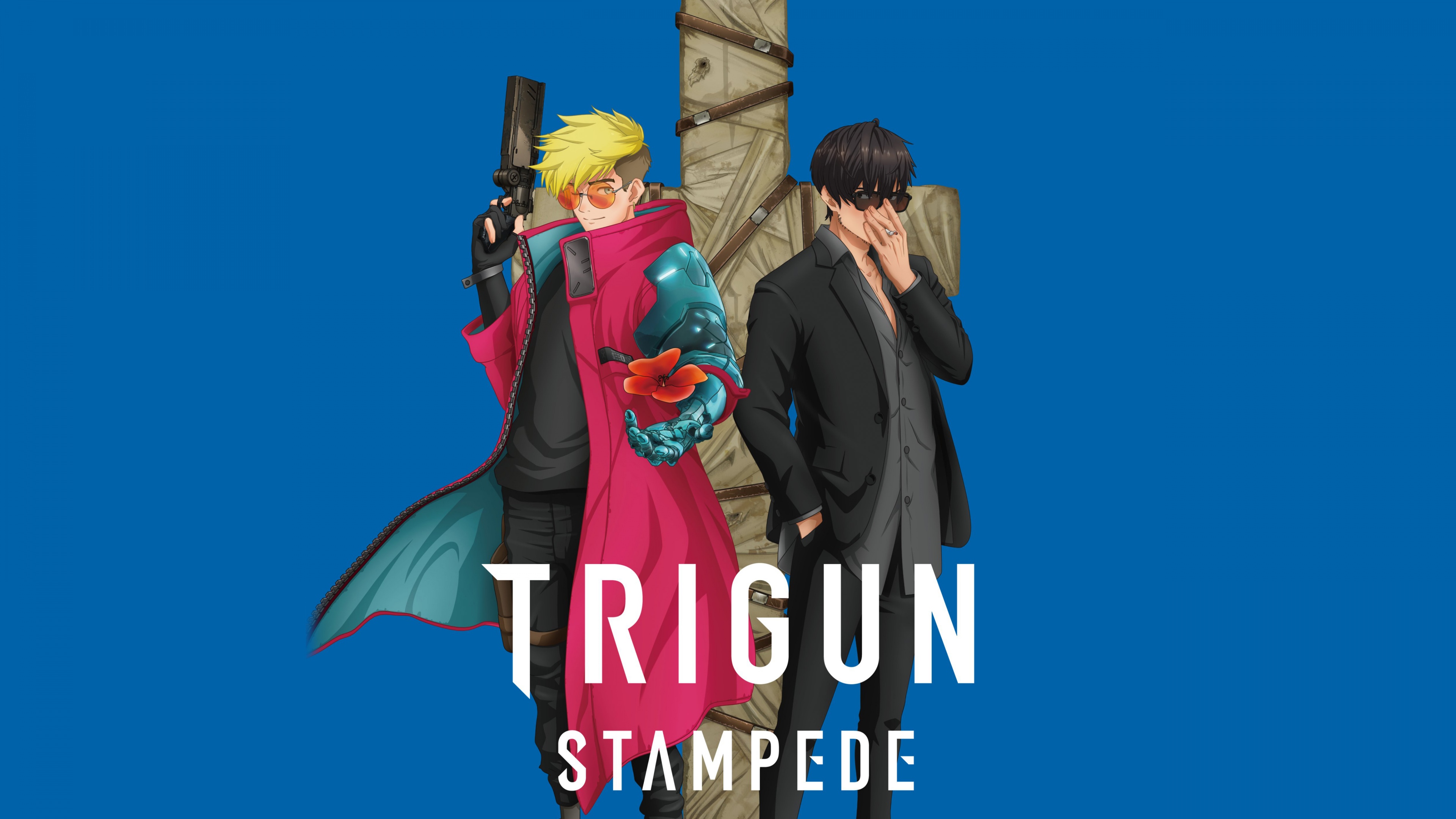 Vash the Stampede and Nicholas D. Wolfwood from the anime Trigun Stampede standing against a vibrant blue background.