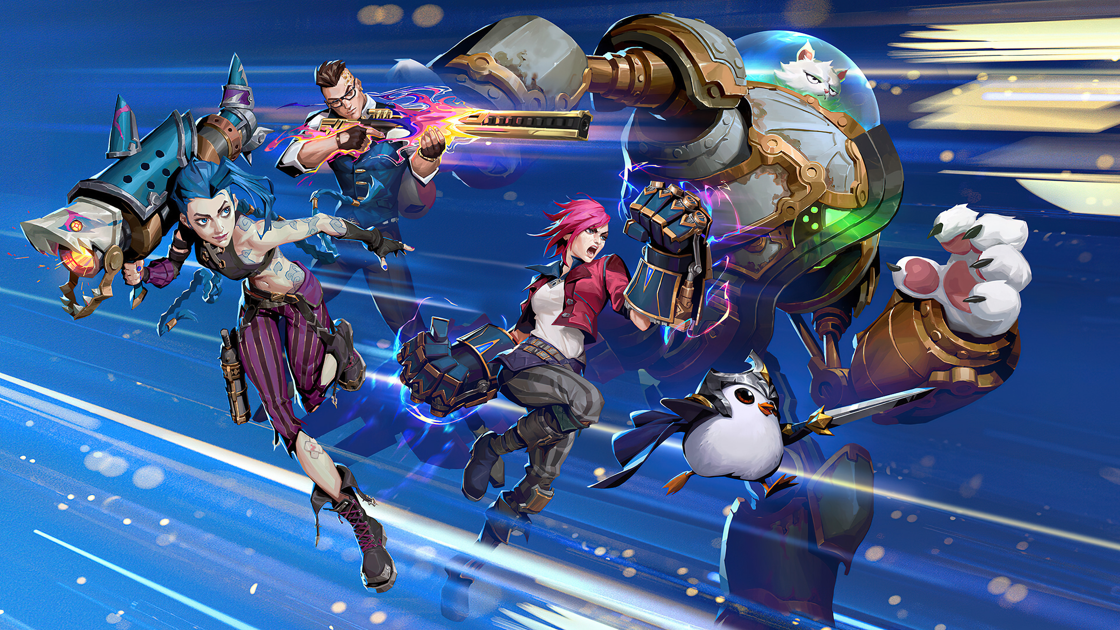 A dramatic depiction of Vi and Jinx from the League of Legends series Arcane.