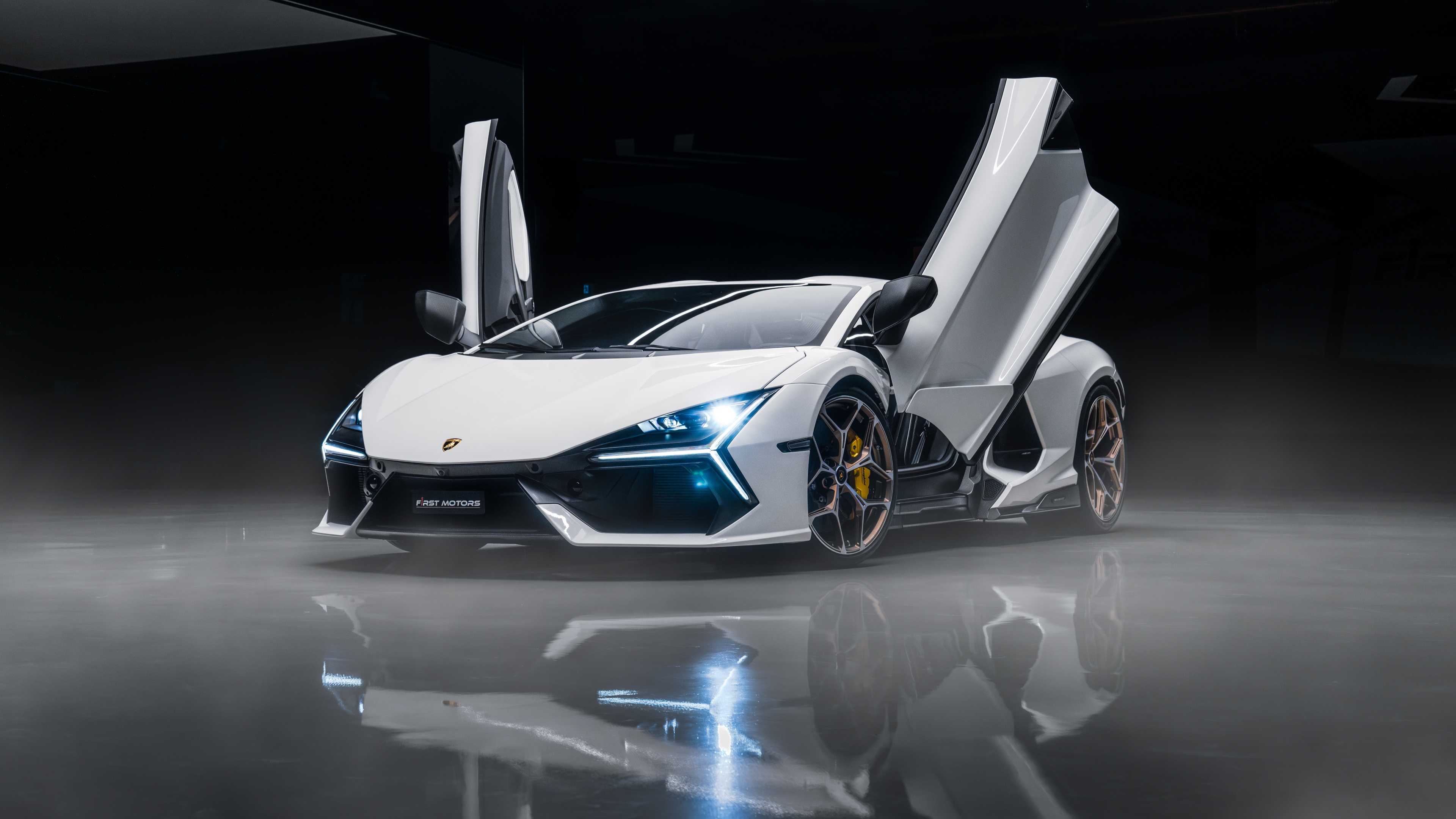 A white Lamborghini Revuelto supercar parked against a dark, minimalist background.