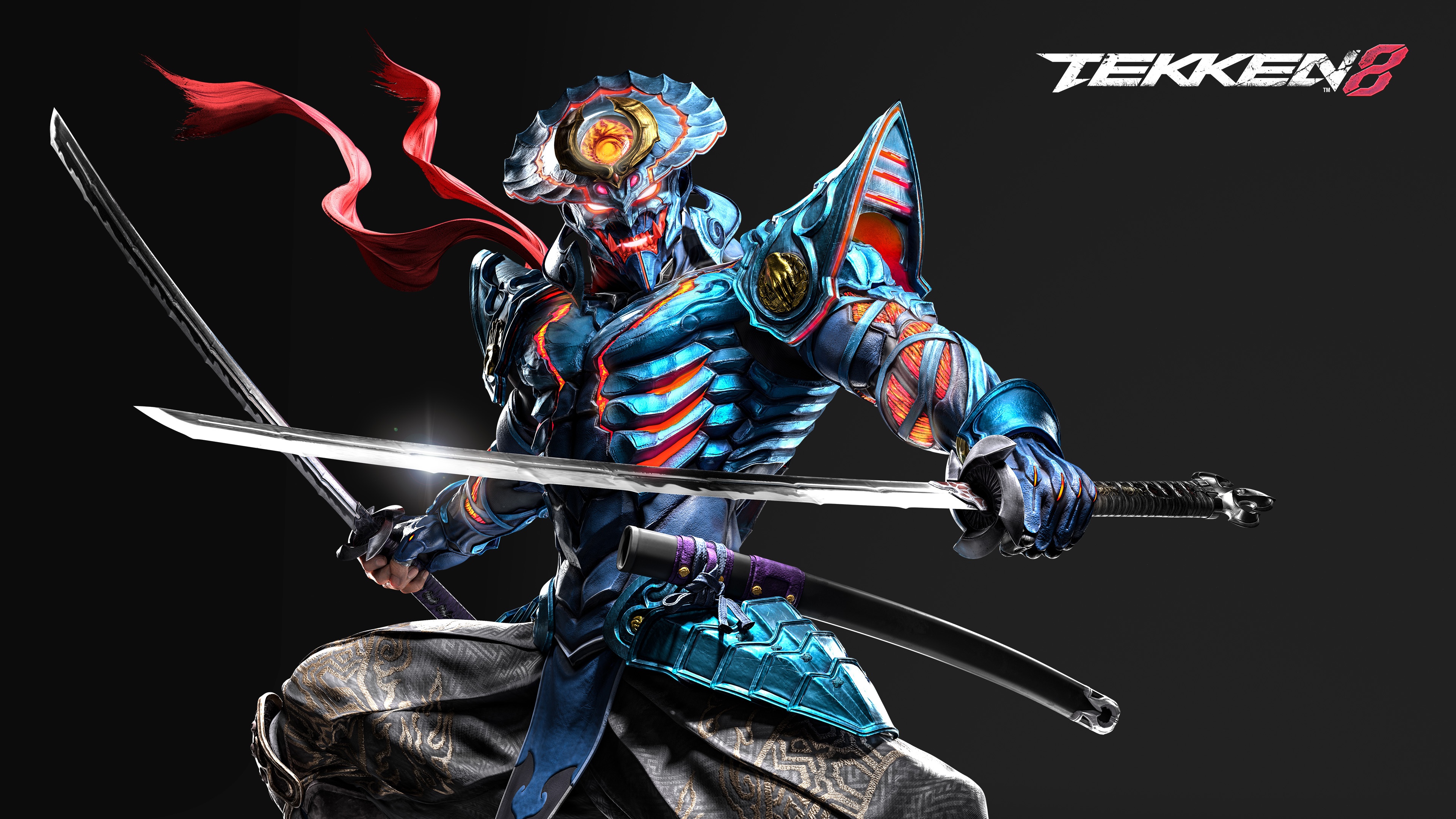 Yoshimitsu from Tekken 8 featuring detailed robotic armor against a dark, atmospheric background