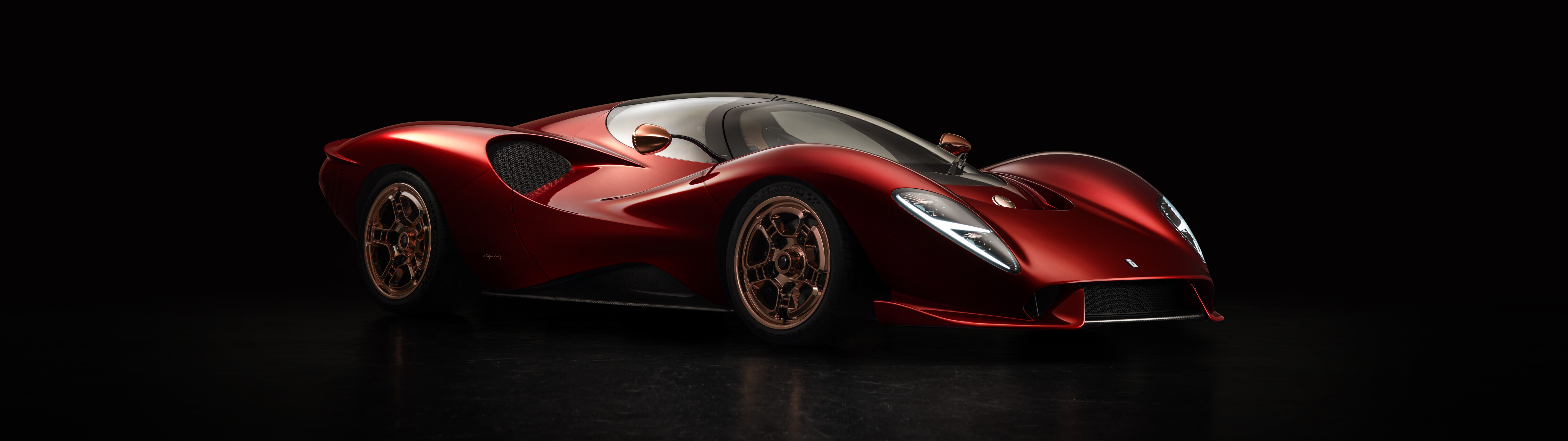 A detailed view of the De Tomaso P72 supercar, showcasing its unique aerodynamic curves and premium luxury finish.