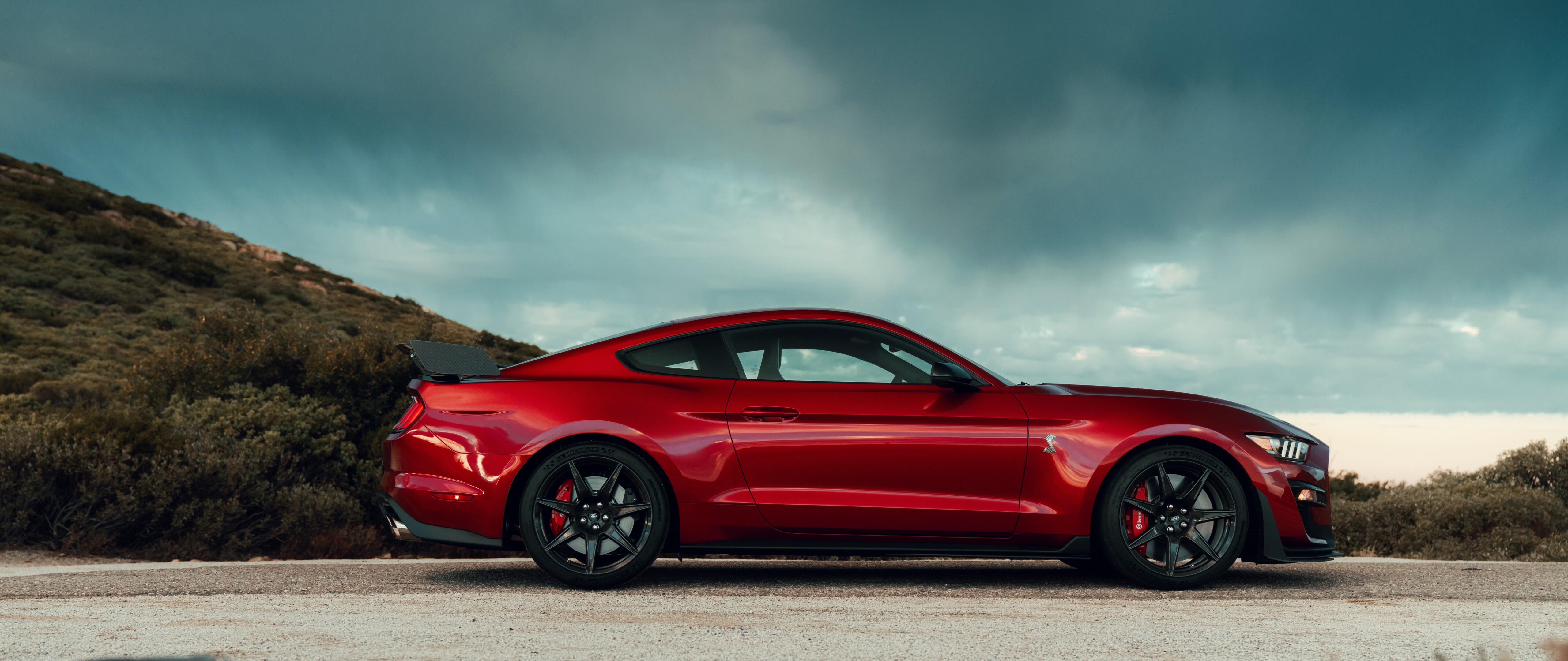 A detailed view of a Ford Mustang Shelby GT500 muscle car.