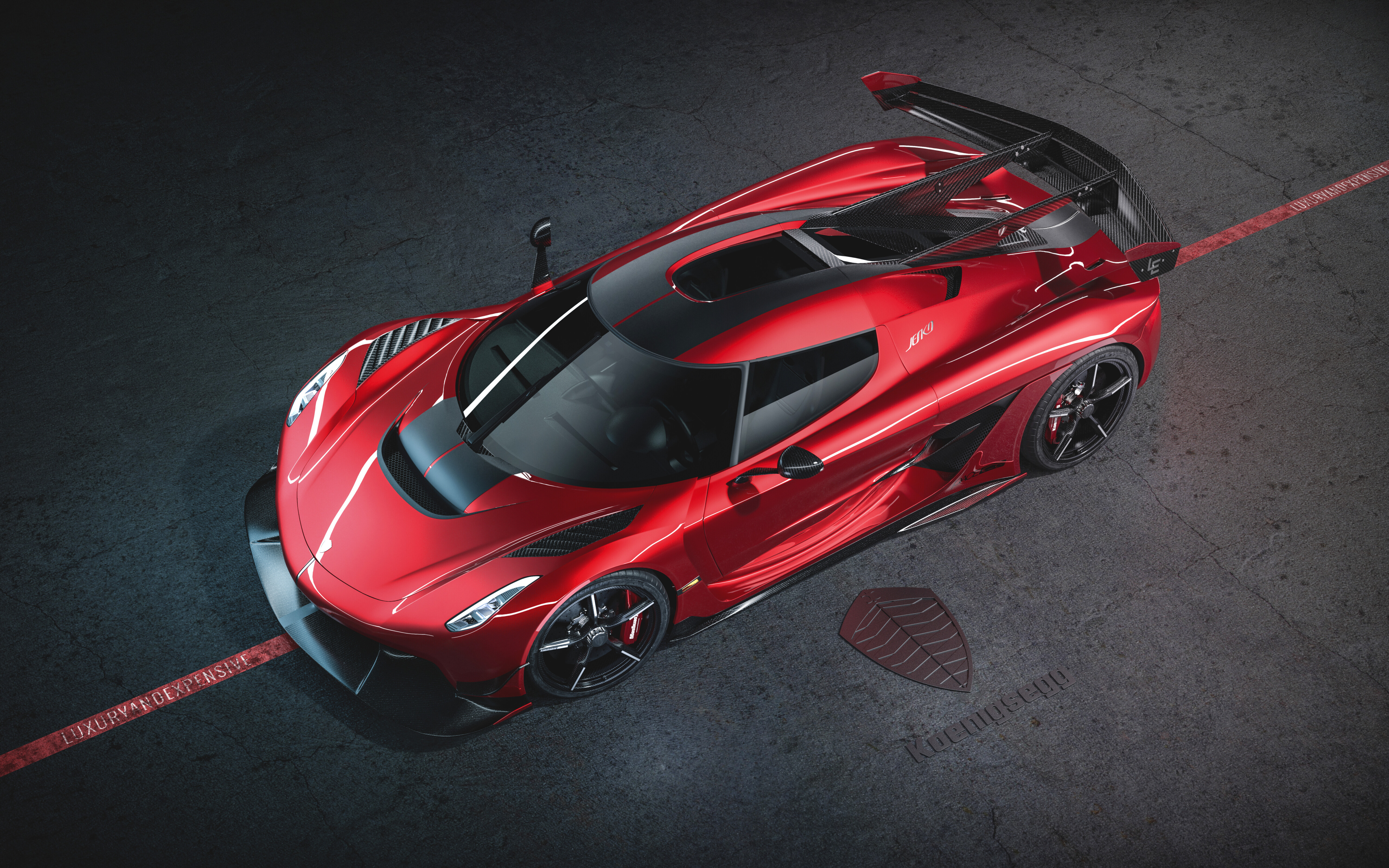 Una foto spettacolare di una Koenigsegg Jesko, che mette in risalto il suo design aerodinamico, elegante e aggressivo.
