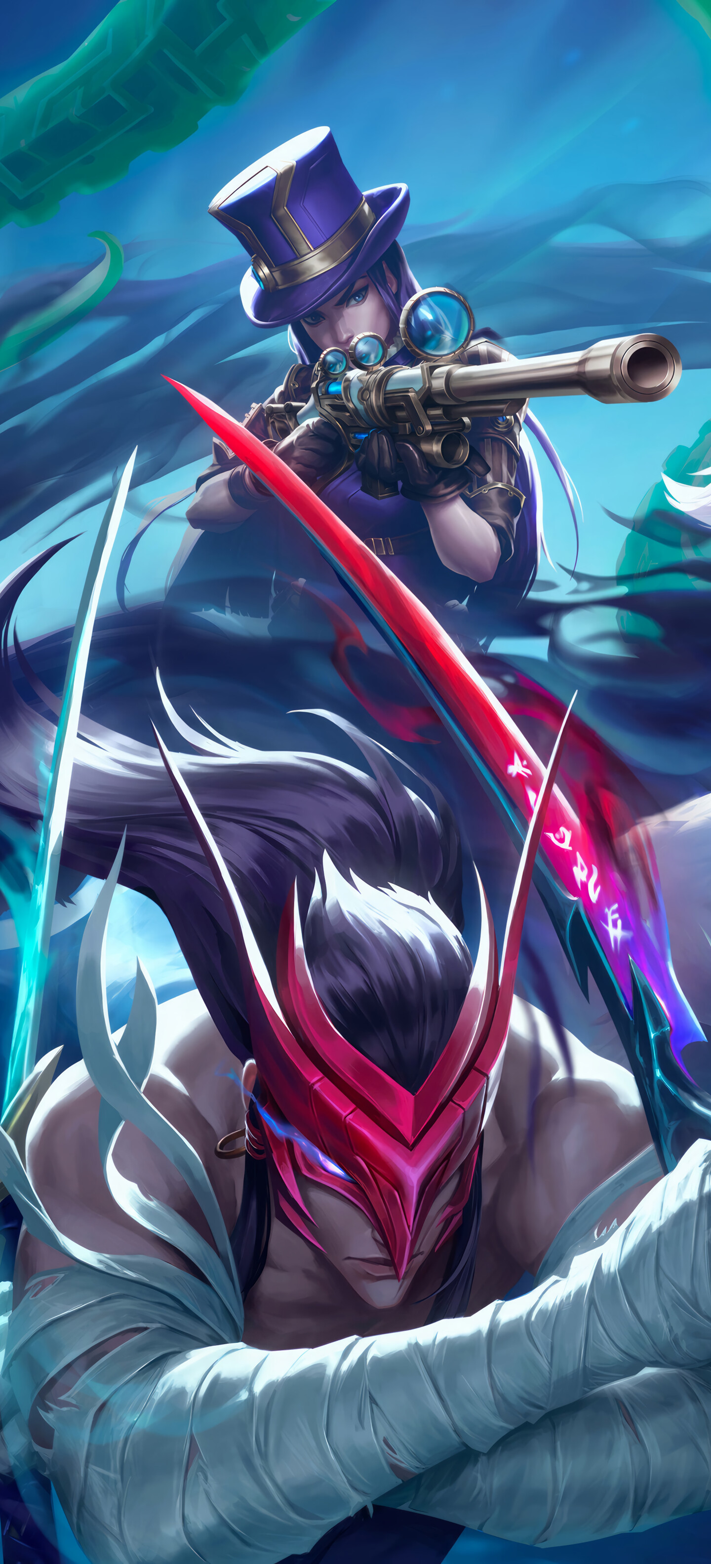 A dramatic group portrait featuring League of Legends characters Yone, Kindred, and Illaoi.