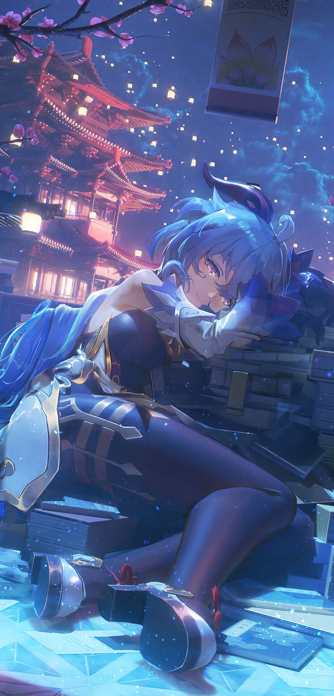 Un’elegante rappresentazione di Ganyu, personaggio del videogioco Genshin Impact, che la ritrae con il suo caratteristico abito blu e bianco e con le corna da Adeptus.