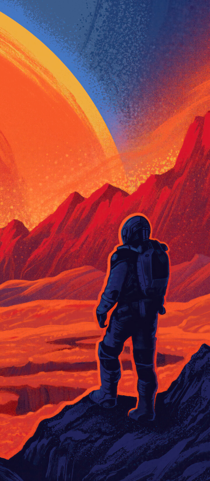 Un astronauta dettagliato, con indosso una tuta spaziale futuristica, fluttua in un vivace campo di stelle e nebulose.