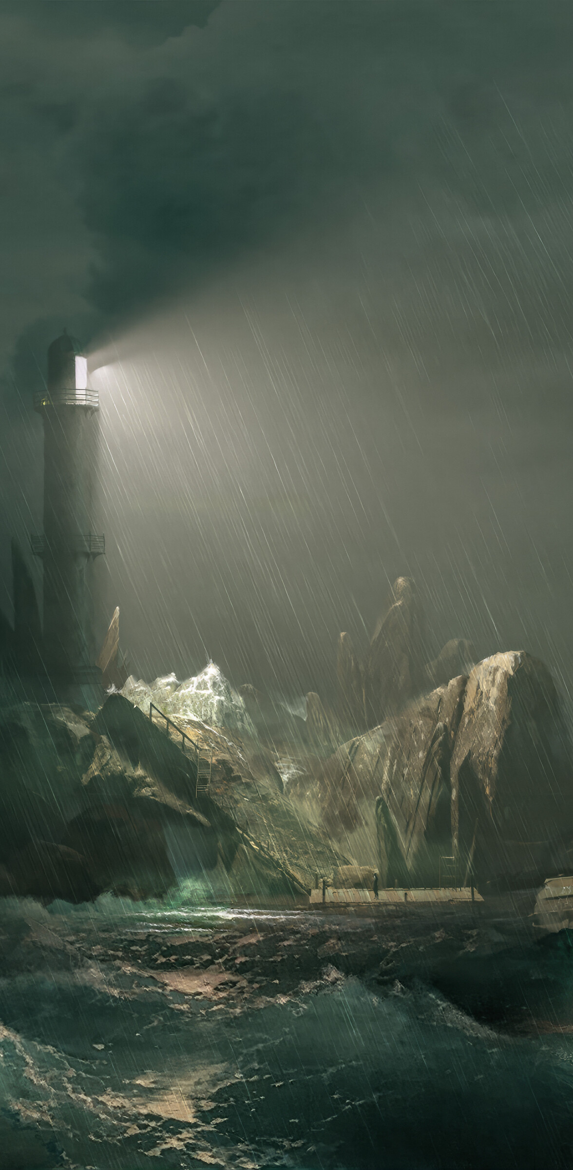 A cinematic view of a lighthouse on a rocky island amidst a raging ocean storm, inspired by Sherlock Holmes: The Awakened.