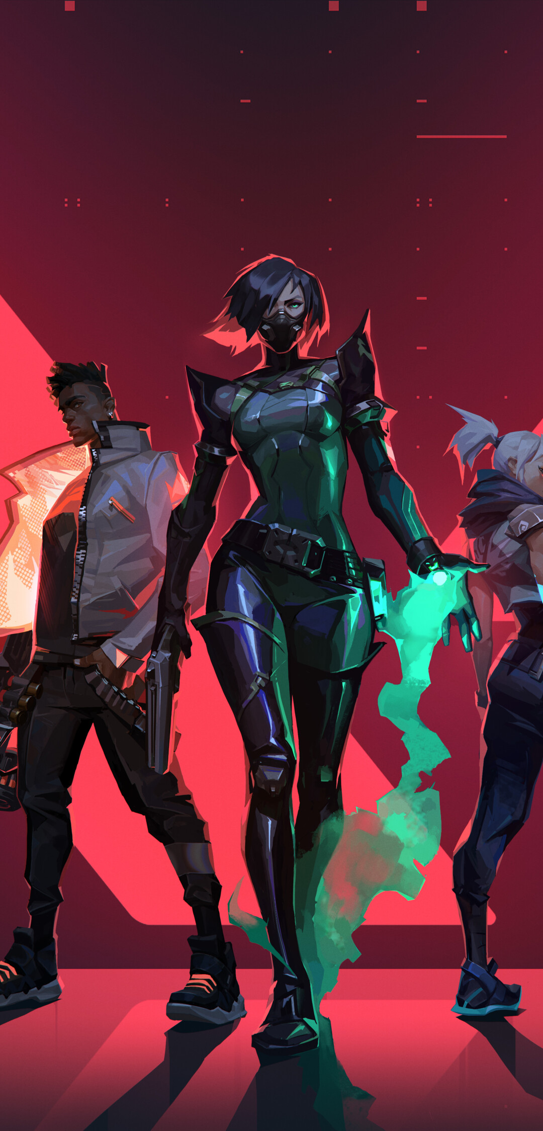 Un ritratto di gruppo dei personaggi del videogioco Valorant: Jett, Viper, Phoenix, Cypher e Sova.