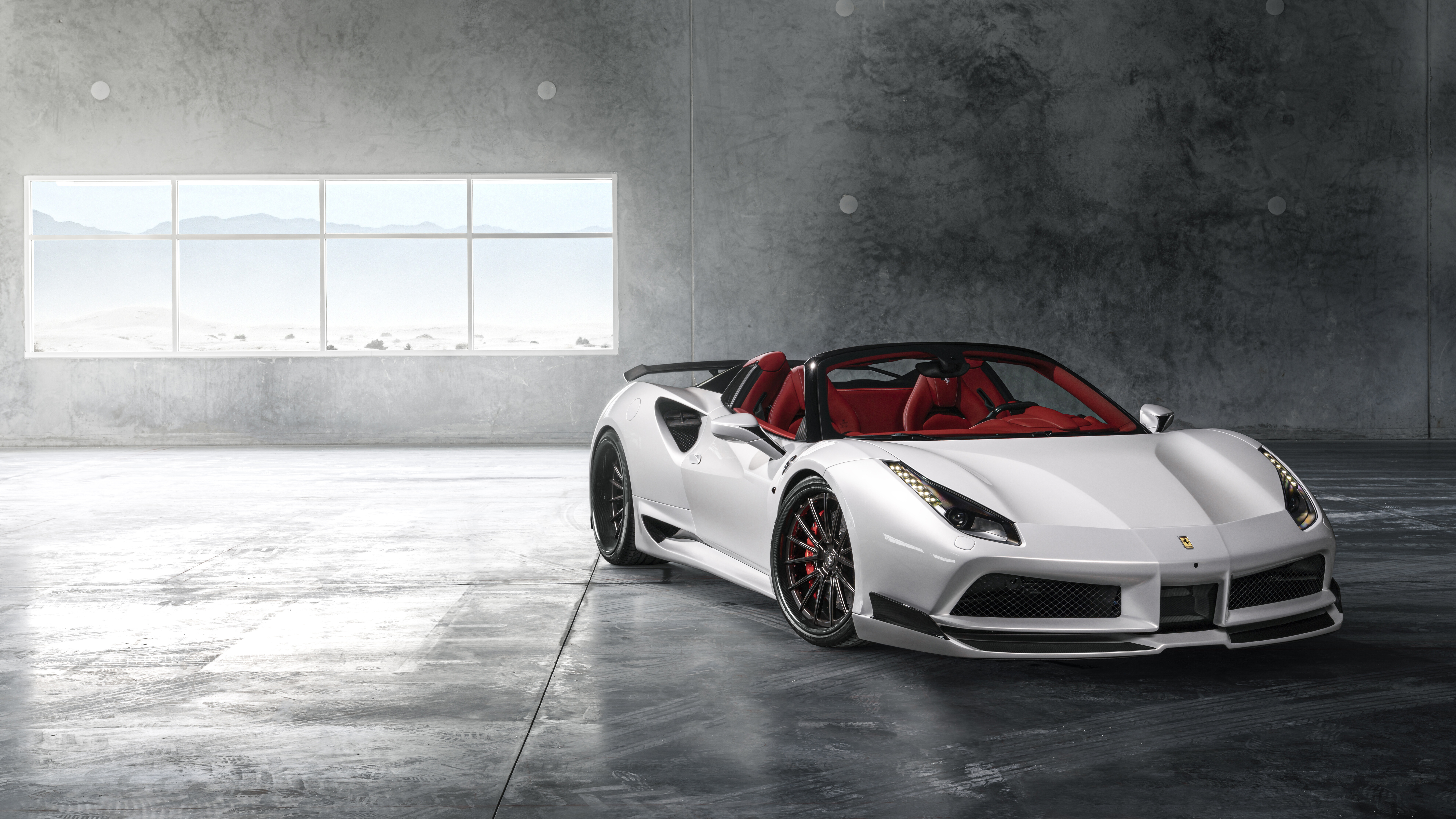A pristine white Ferrari 488 supercar showcasing its aerodynamic design and elegant white exterior.