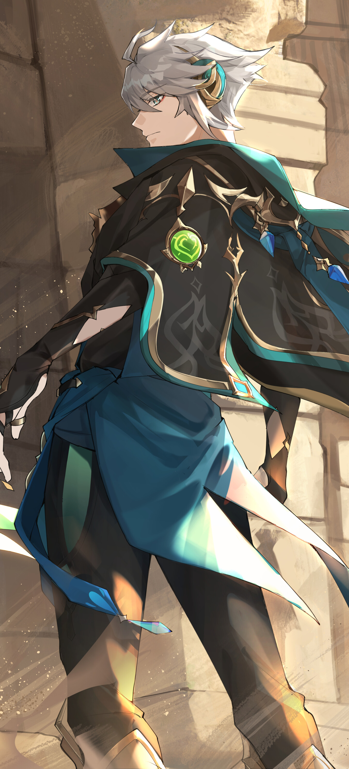 A high-quality digital illustration of Alhaitham and Tighnari from Genshin Impact.