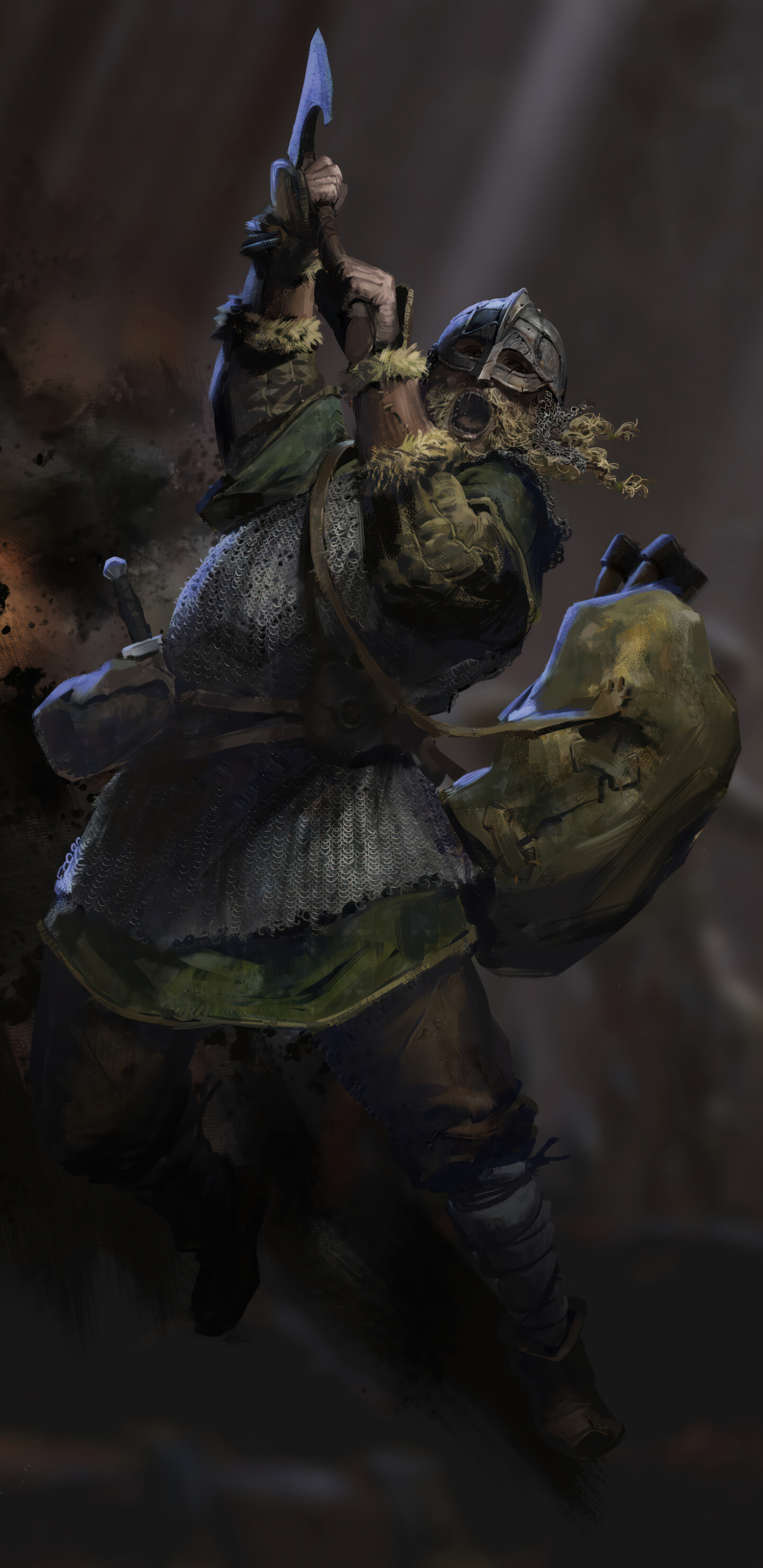 Un possente guerriero barbaro, vestito con pellicce e un’armatura pesante, ispirato al gioco Dark and Darker.