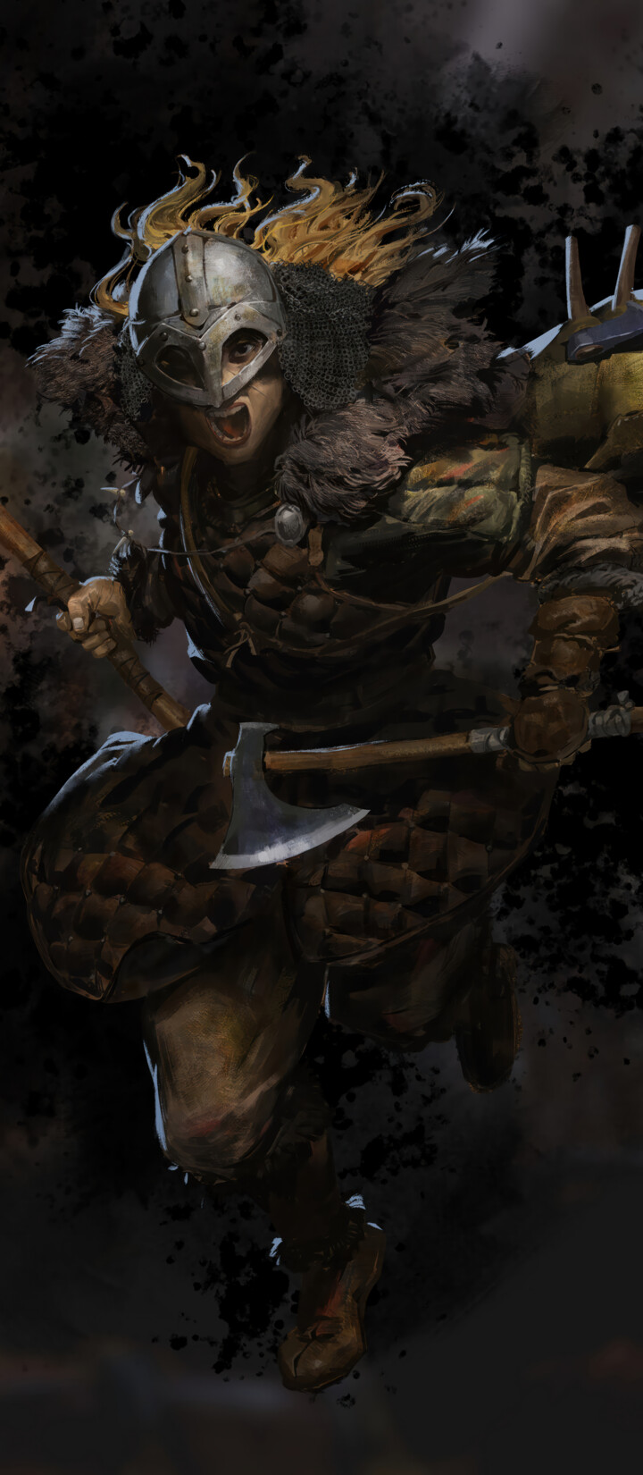 A battle-hardened Barbarian from Dark and Darker wearing heavy, weathered armor in a dark dungeon setting.