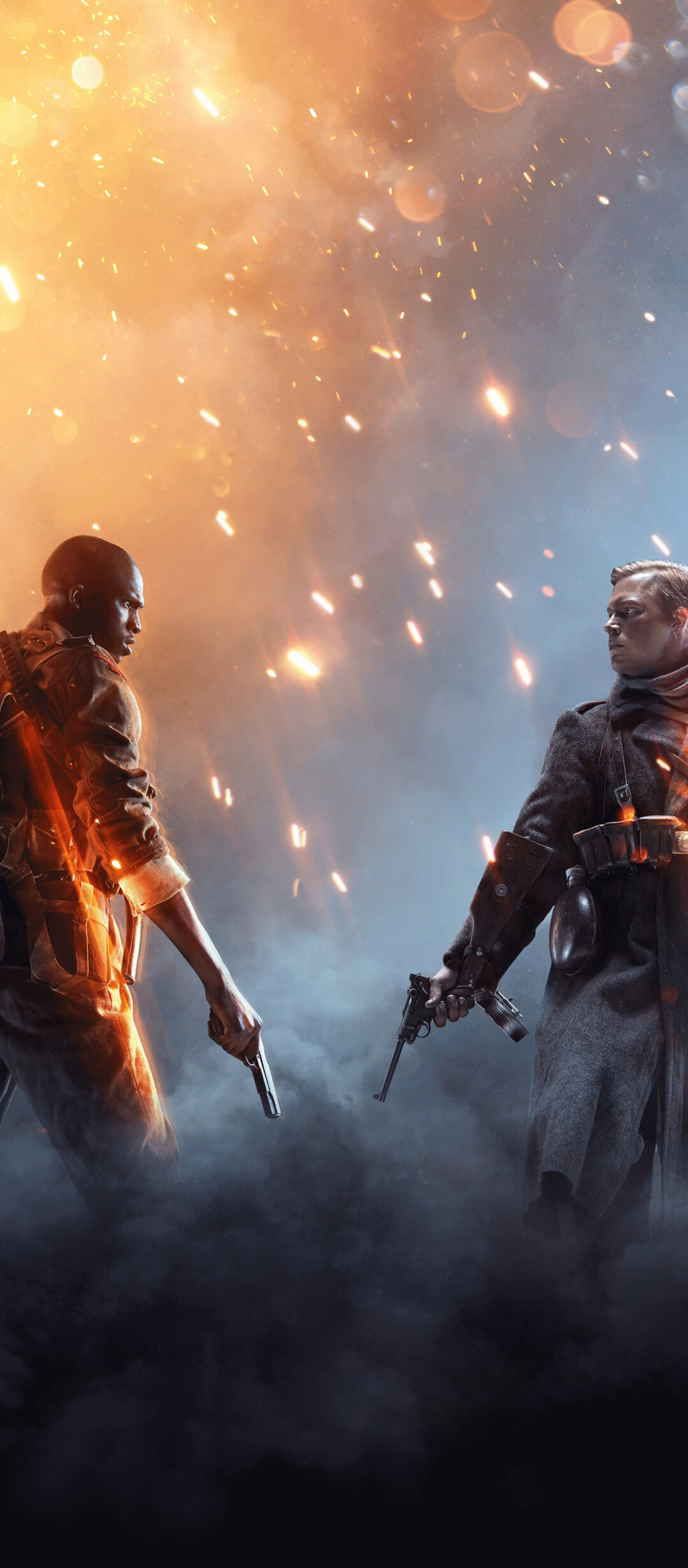 A battle-worn soldier from Battlefield 1 standing amidst the smoke and mud of a World War I battlefield.