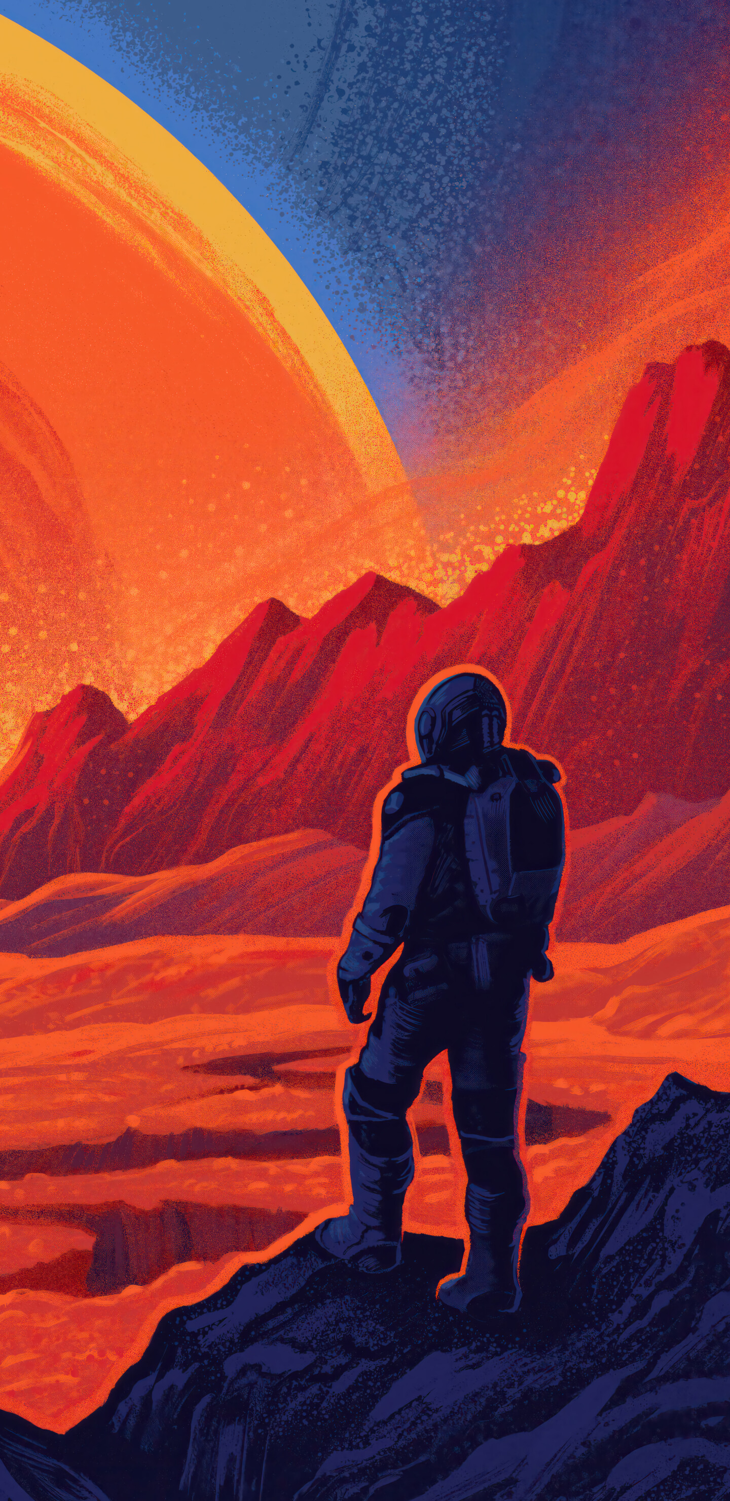 A detailed astronaut in a sci-fi spacesuit floating amidst a vibrant nebula and a dense field of stars.