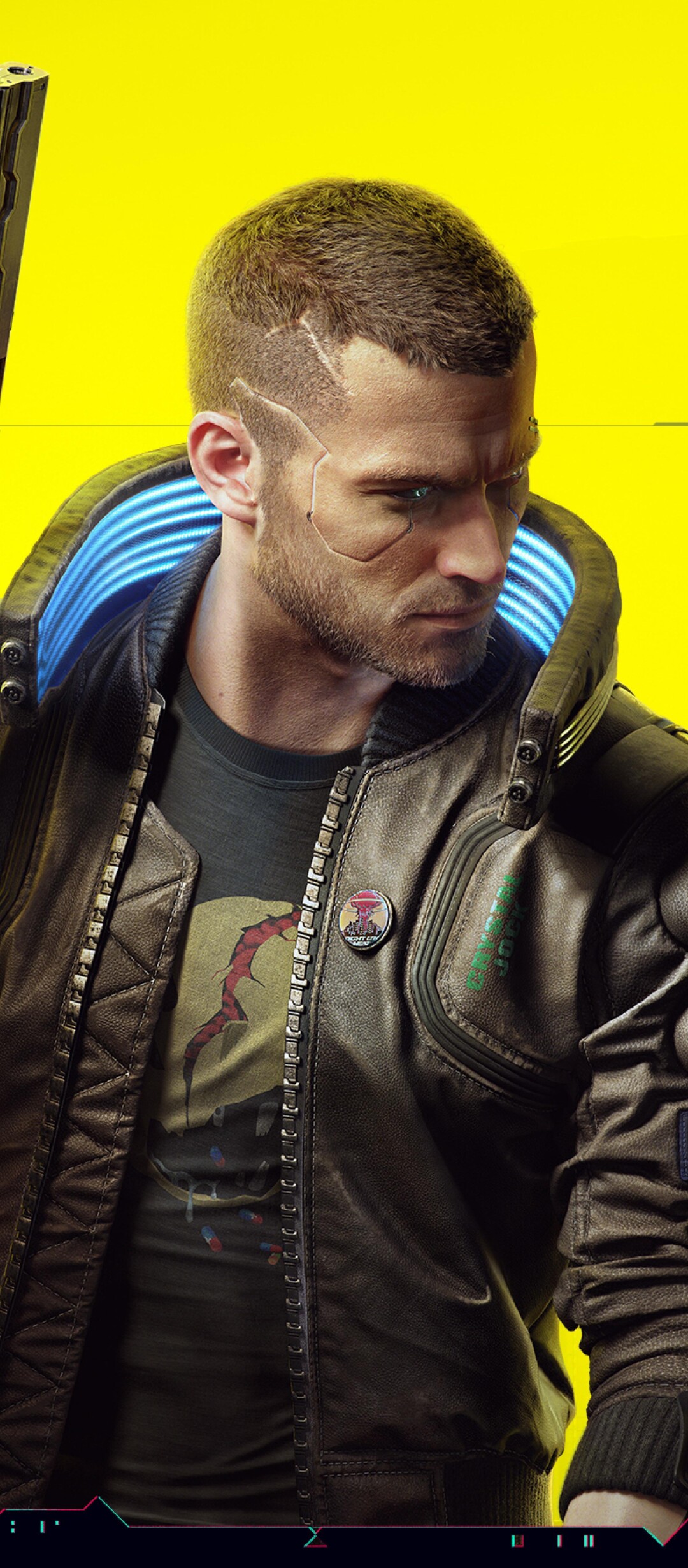 A character with cybernetic enhancements standing in a dark, futuristic street illuminated by vibrant pink and blue neon lights.