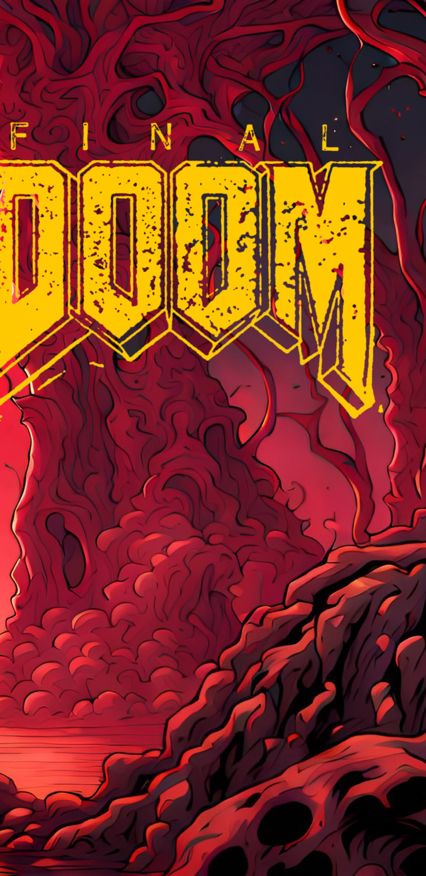 Doomguy, the iconic character from the DOOM video game series, clad in signature armor amidst a hellish and demonic landscape.