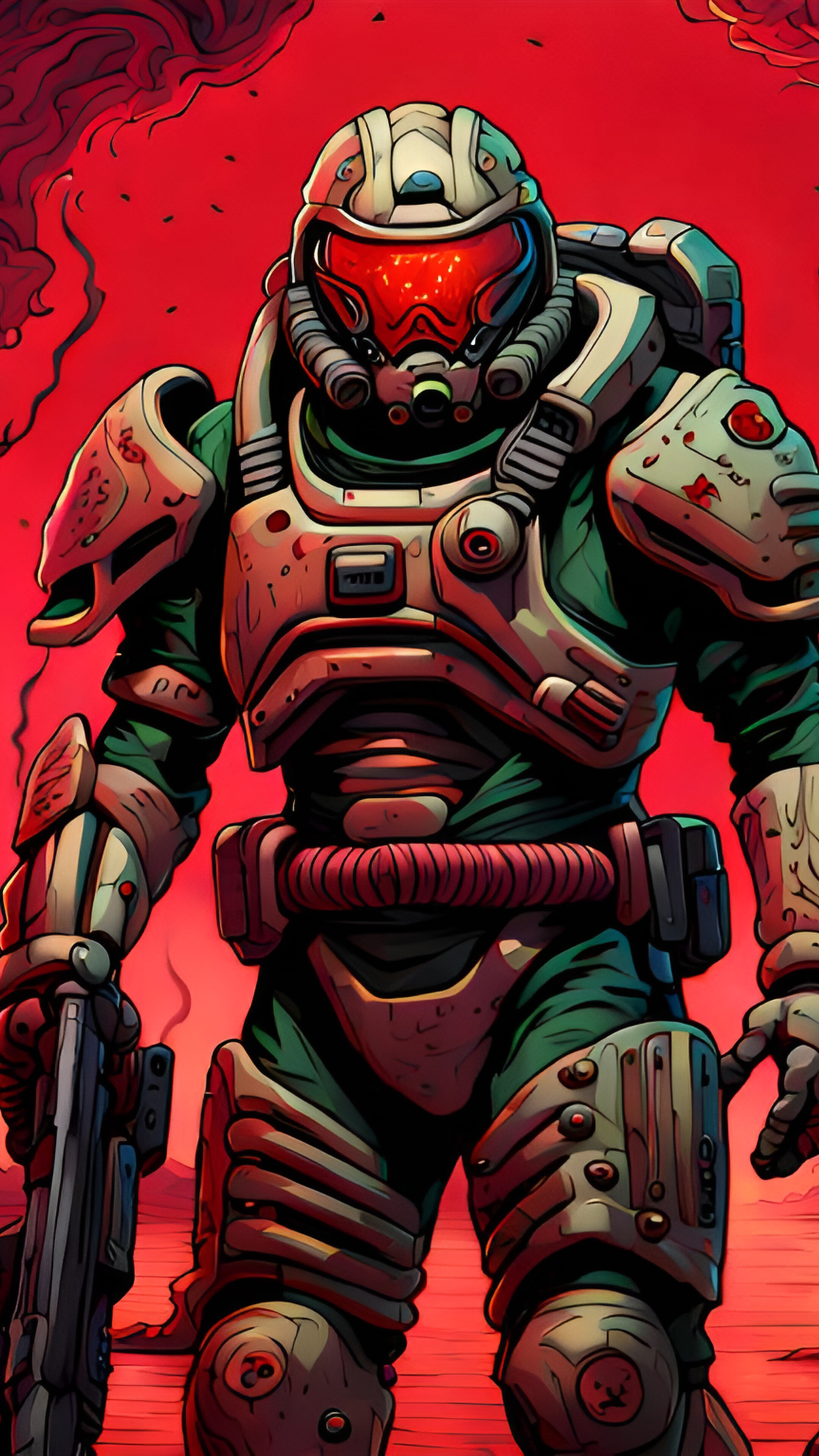 Doomguy, the iconic protagonist of the Doom video game series, wearing his signature armor in a dark, battle-torn environment.