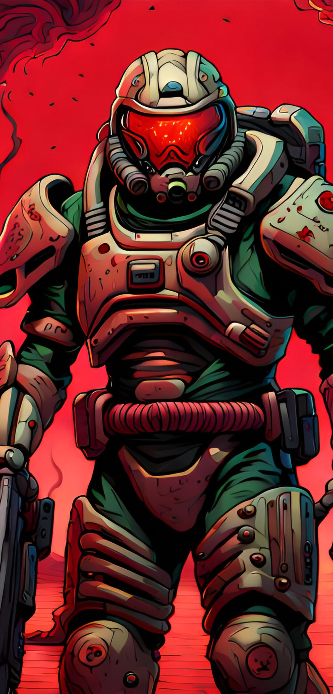 Doomguy from the DOOM video game series, featuring his iconic armor and battle-ready stance amidst a chaotic landscape.