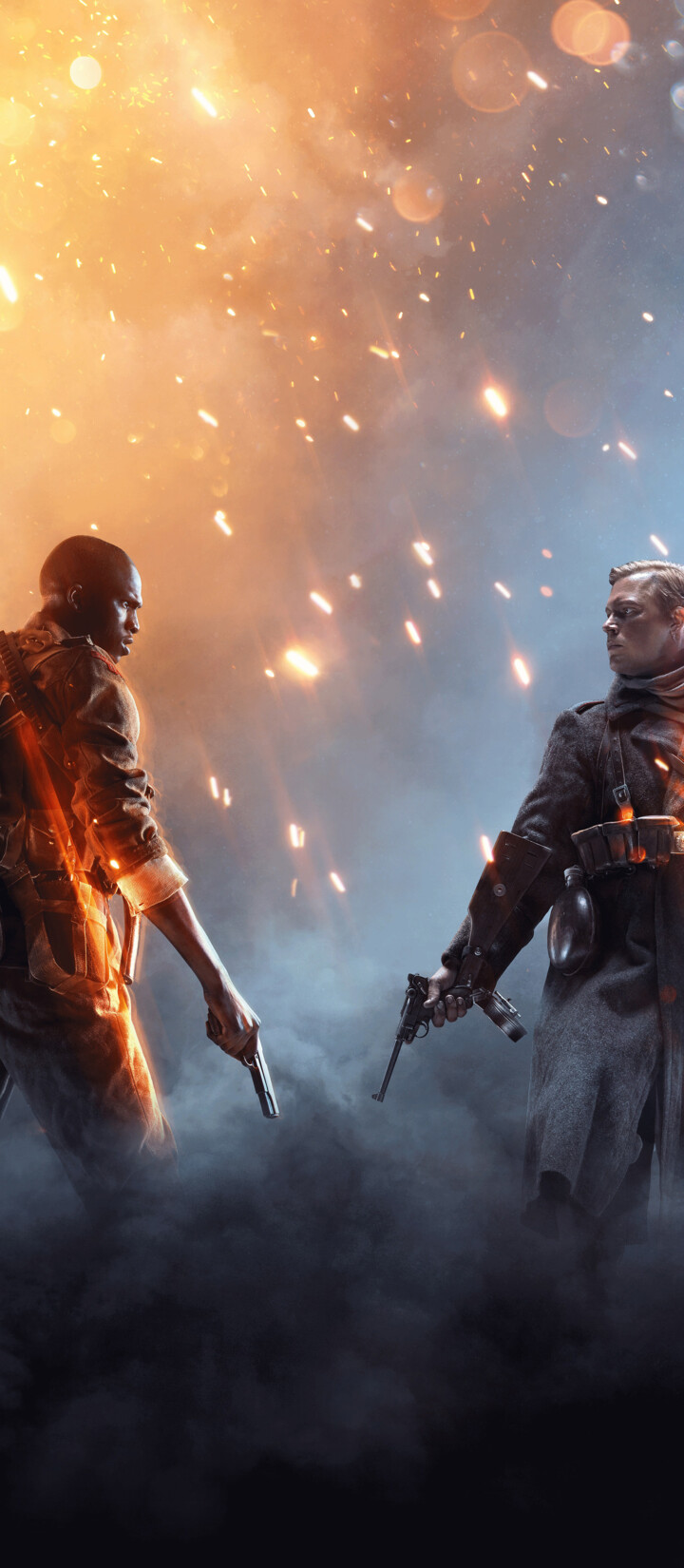 A cinematic and atmospheric view of a battlefield during World War I, featuring intense lighting and smoke, inspired by the visual style of Battlefield 1.