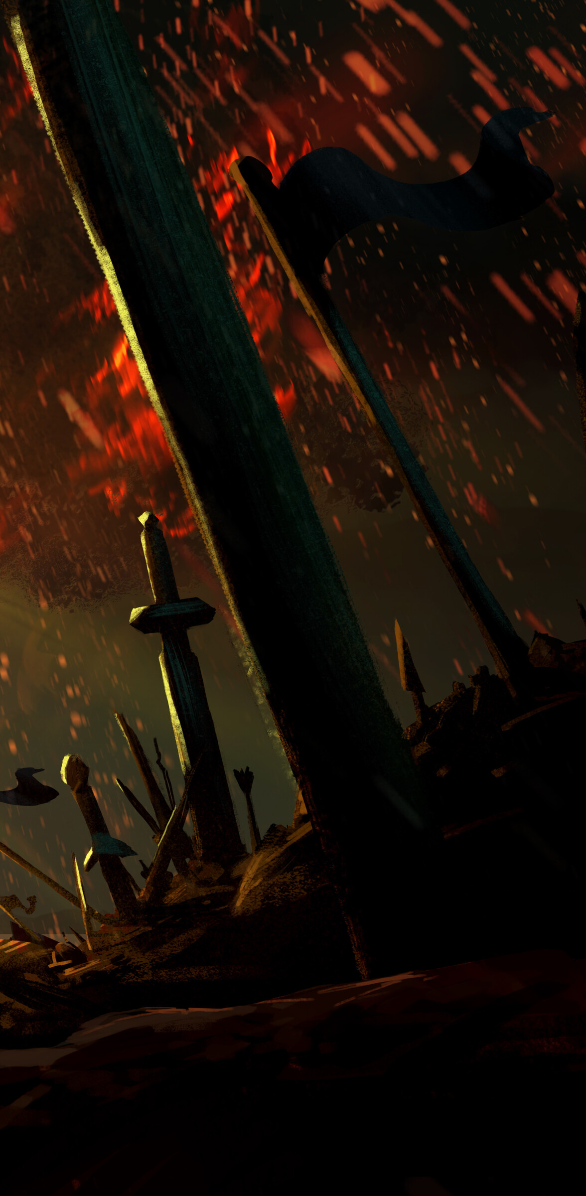 An epic warrior wielding a flaming sword in the middle of a burning forest with glowing embers and smoke.