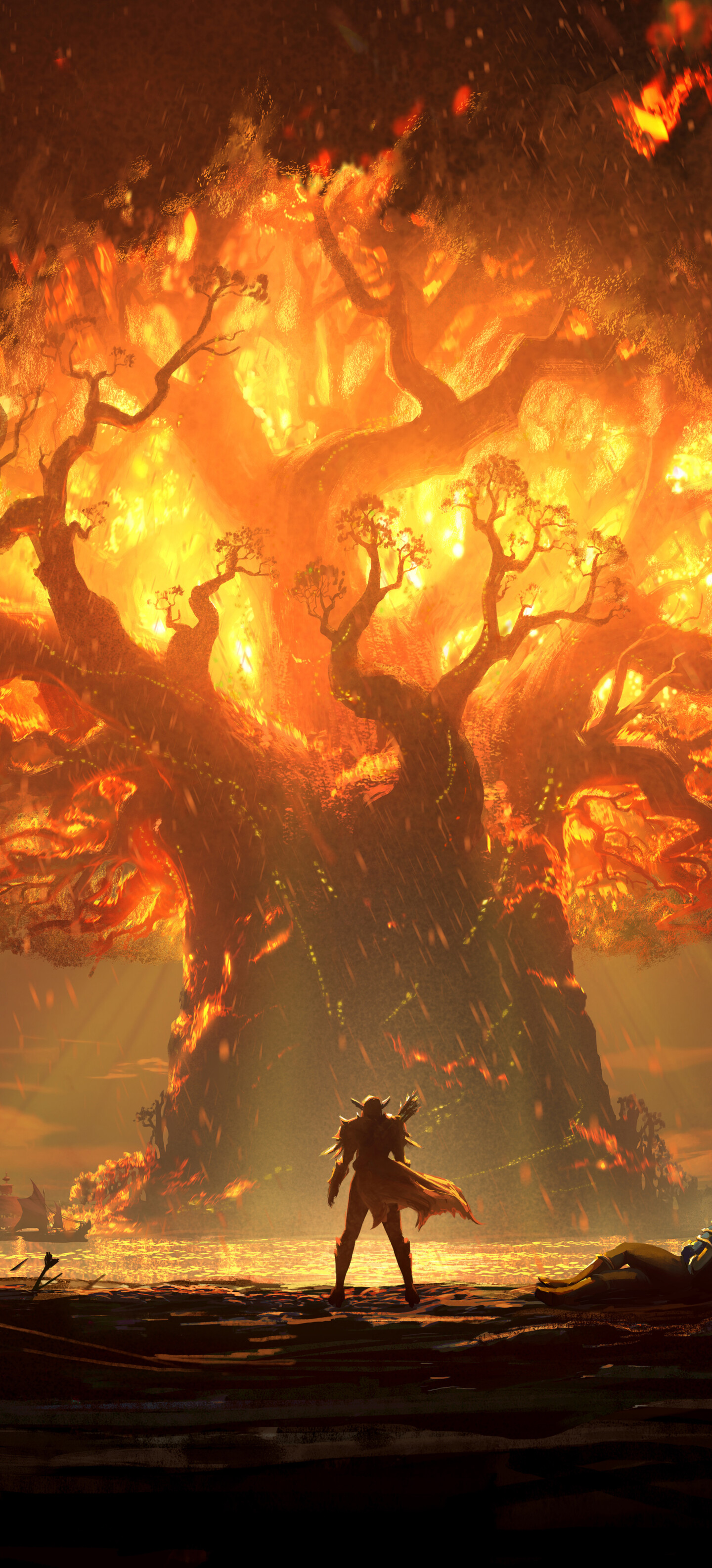 A warrior wielding a glowing sword stands before massive, burning trees surrounded by swirling flames and embers.