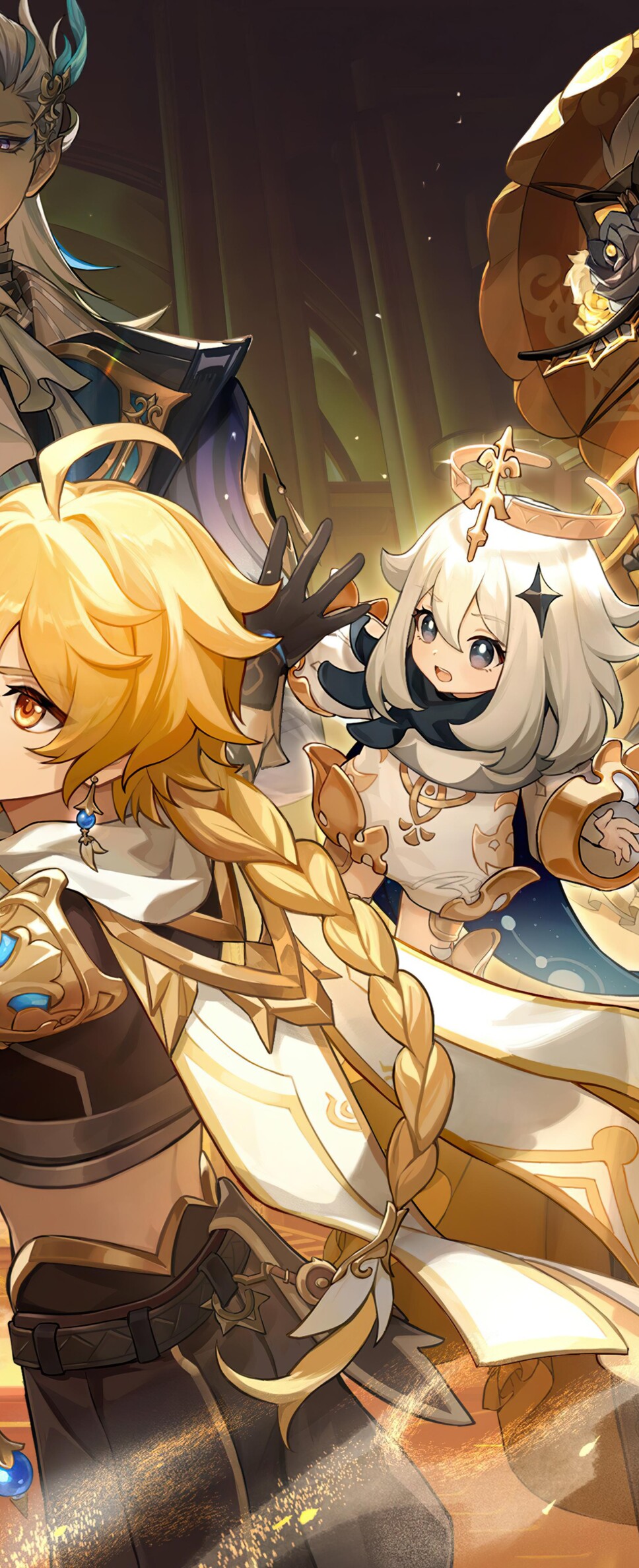 Un ritratto di gruppo che raffigura Furina, Lyney, Lynette e Neuvillette, personaggi del videogioco Genshin Impact.