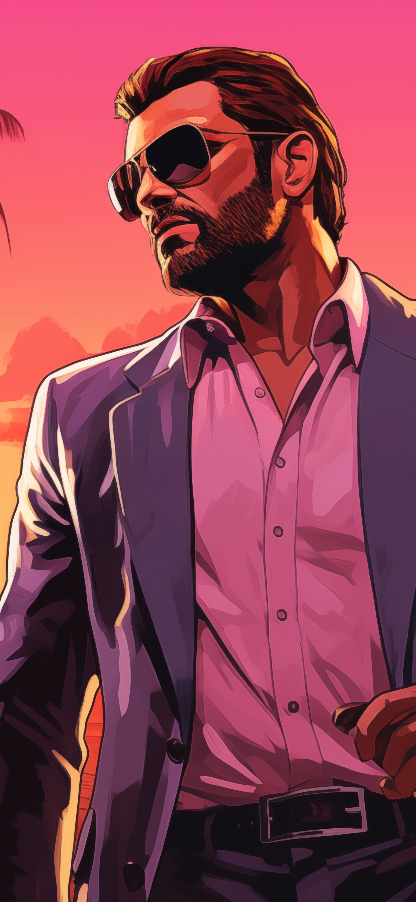 A cinematic shot of a character in a high-action scene set against the neon lights and palm trees of a tropical city, inspired by Grand Theft Auto VI.
