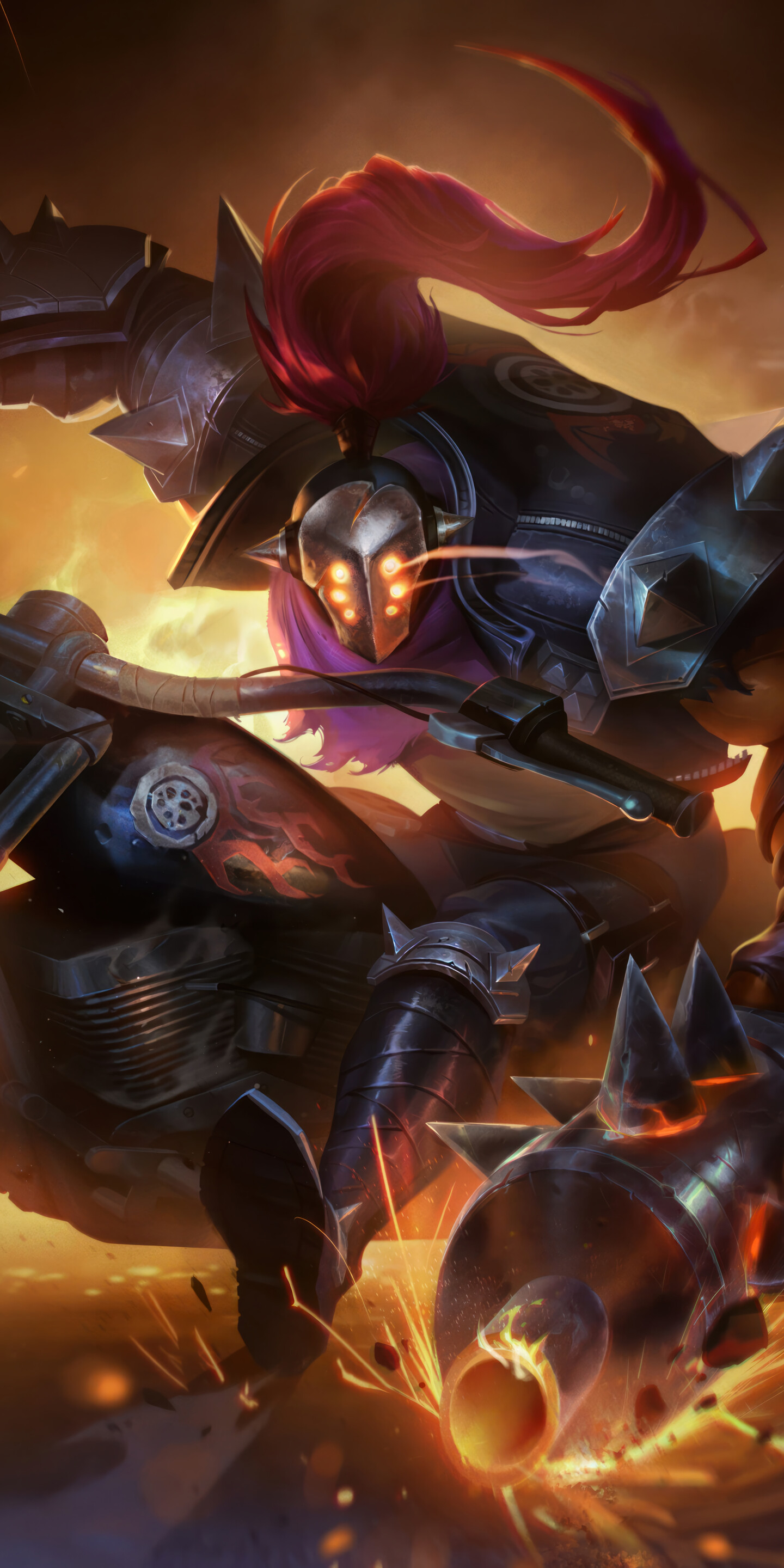 Jax from League of Legends riding a sleek, powerful motorcycle in an action-packed setting.