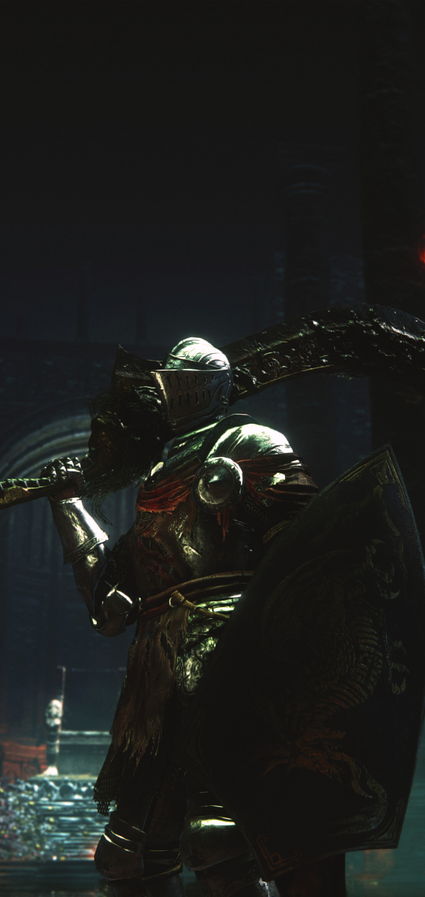 Un Cavaliere di Lothric, con un’armatura pesante e consunta, proveniente dal videogioco Dark Souls III: The Ringed City.