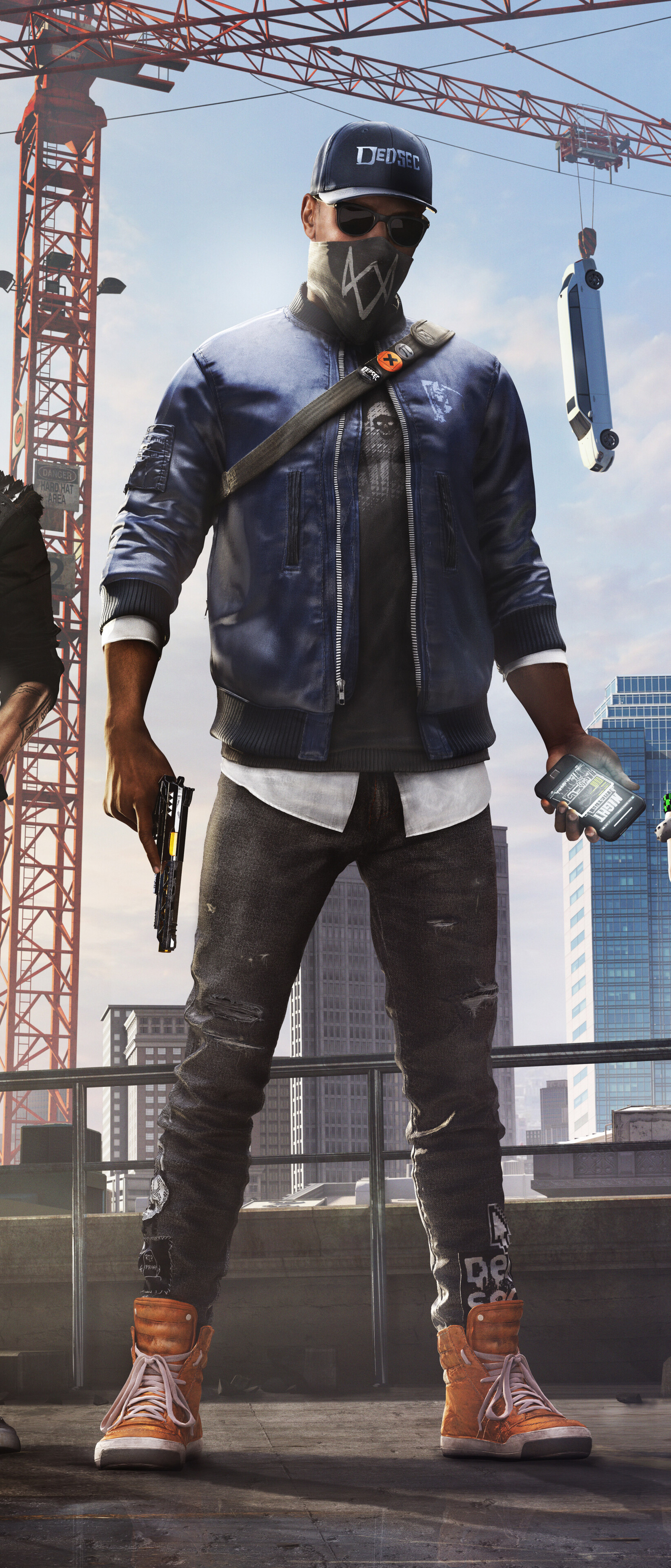 A group portrait of Marcus Holloway, Sitara Dhawan, and Wrench, the iconic hacker characters from the Watch Dogs 2 video game.