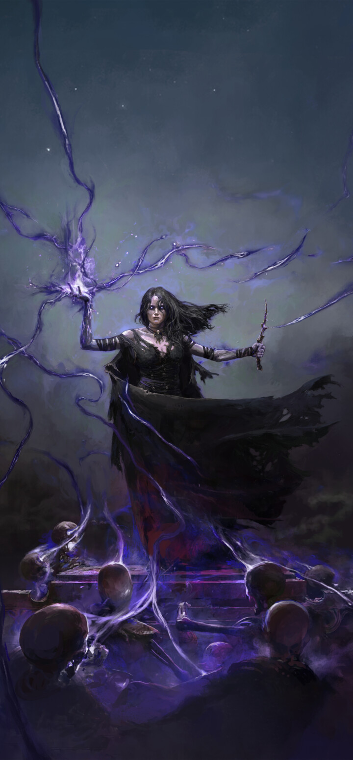 A dark Necromancer character from Path of Exile 2 surrounded by necrotic magic and shadows.