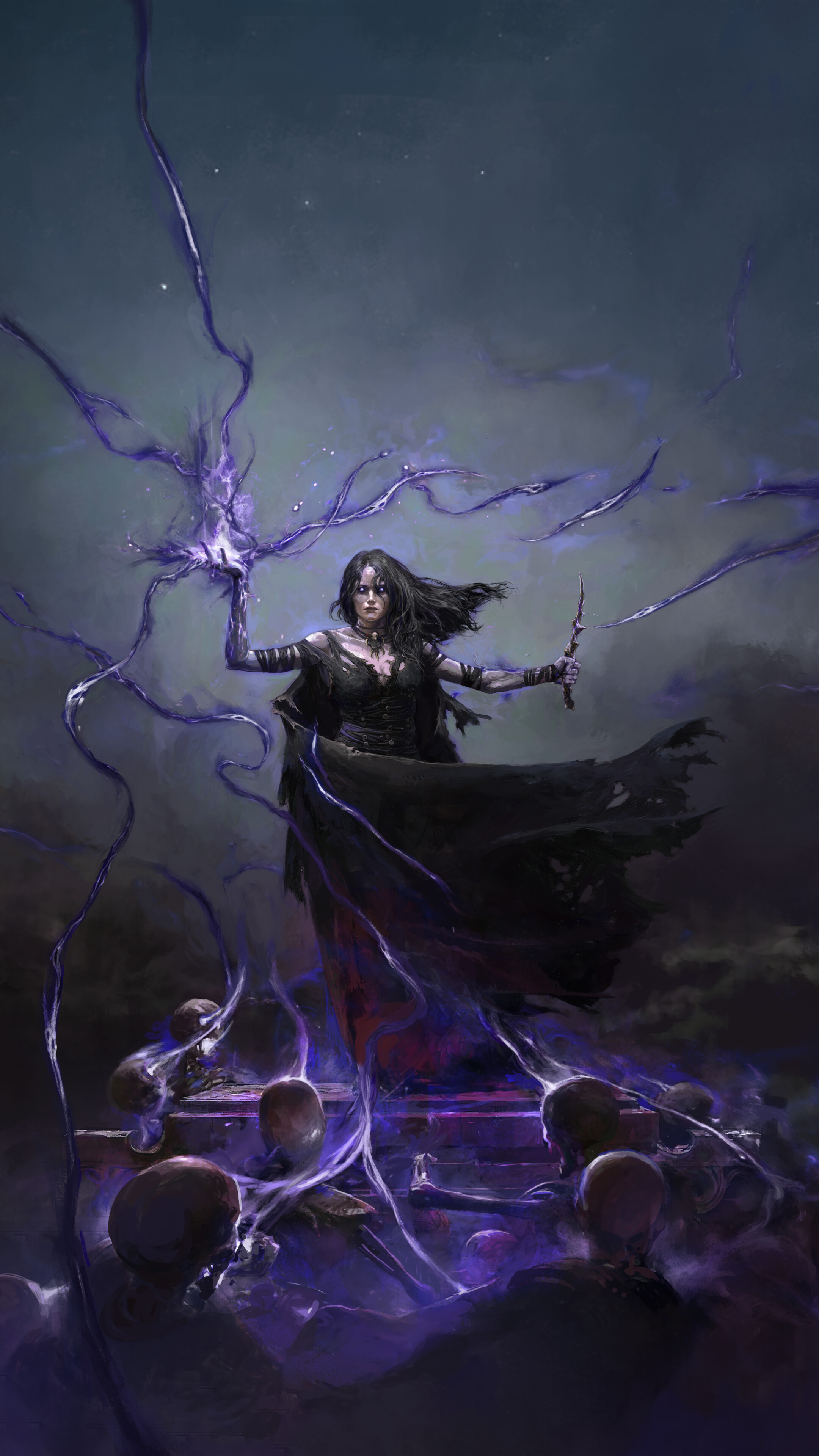 Un oscuro personaje nigromante de Path of Exile 2, rodeado de magia necrótica y sombras.