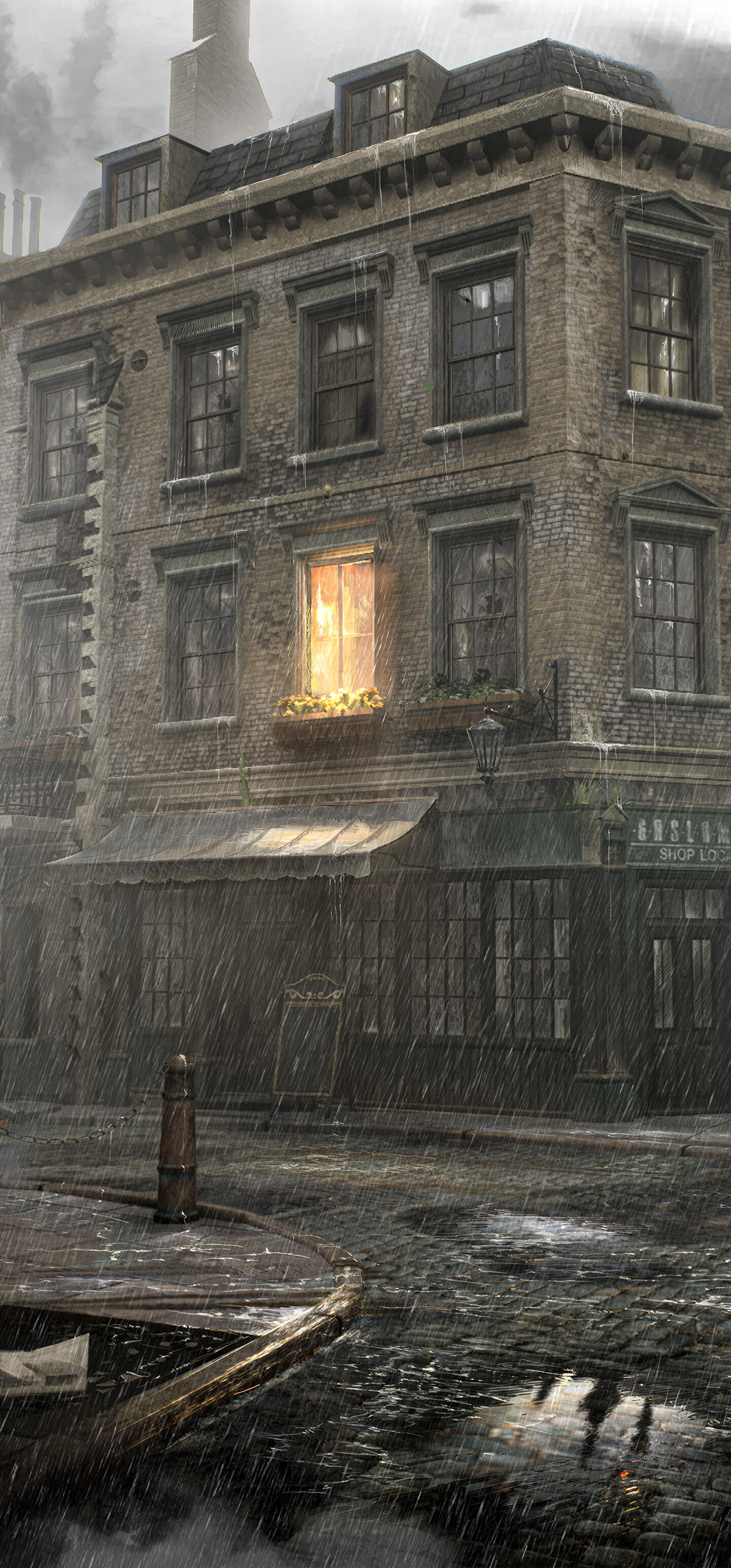 A dark, rain-drenched view of Victorian-style buildings in London, inspired by the atmosphere of Sherlock Holmes: The Awakened.
