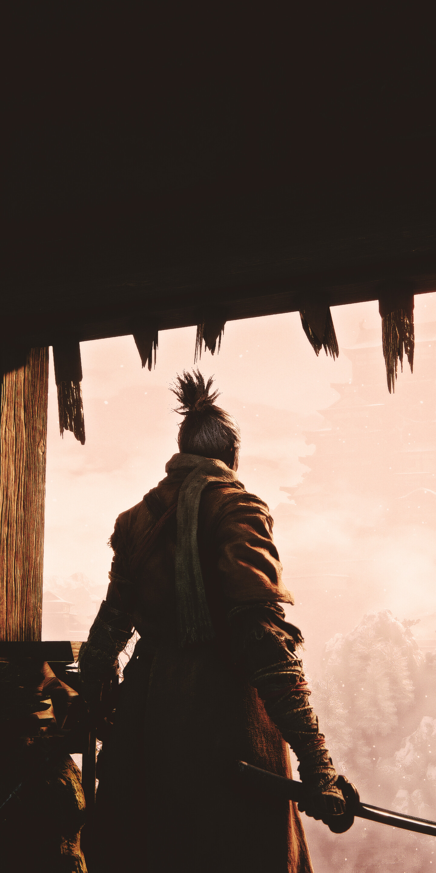The character Sekiro from the video game Sekiro: Shadows Die Twice in a dramatic, cinematic setting.