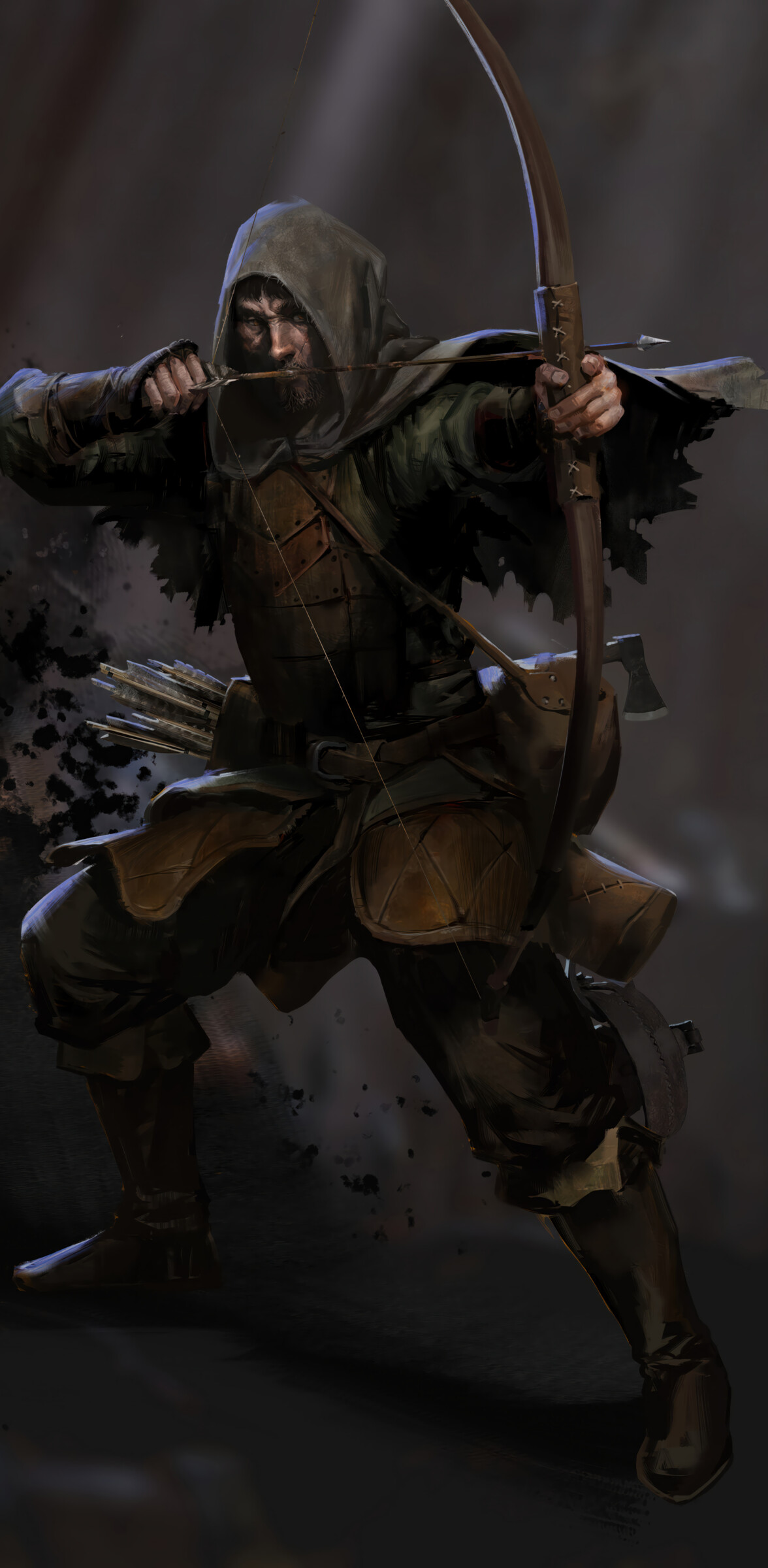 A gritty dark fantasy character holding a weapon in a dimly lit, atmospheric dungeon inspired by Dark and Darker.